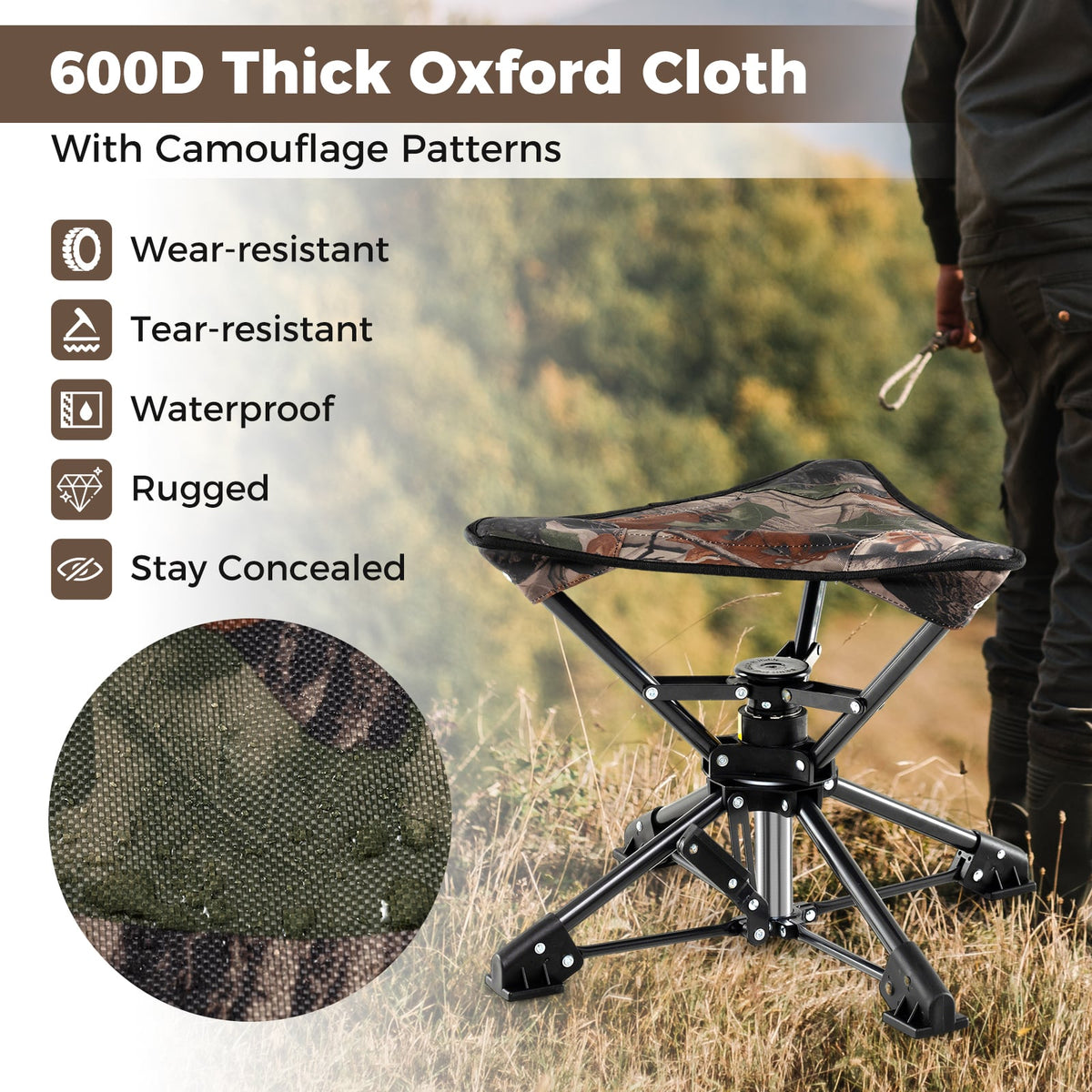Folding Camping Stool 360° Swivel Hunting Chair with Anti-Sink Feet-Camouflage-Camping Equipment-DECOROLALA