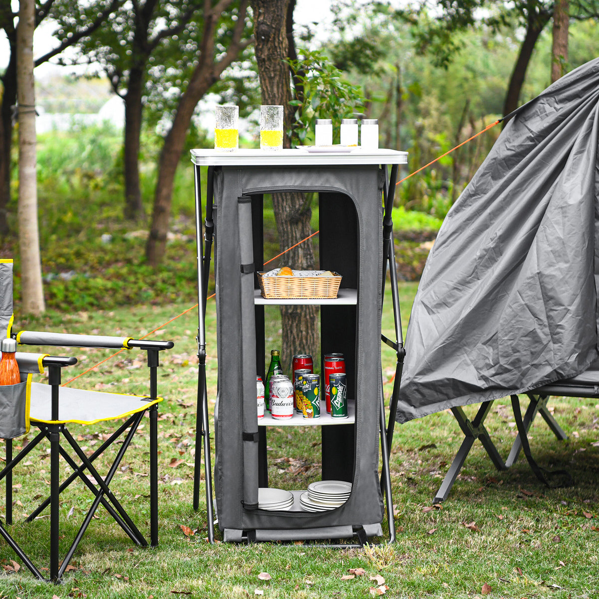 Folding Camping Storage Cabinet with 3 Shelves and Carry Bag-L-Camping Furniture-DECOROLALA