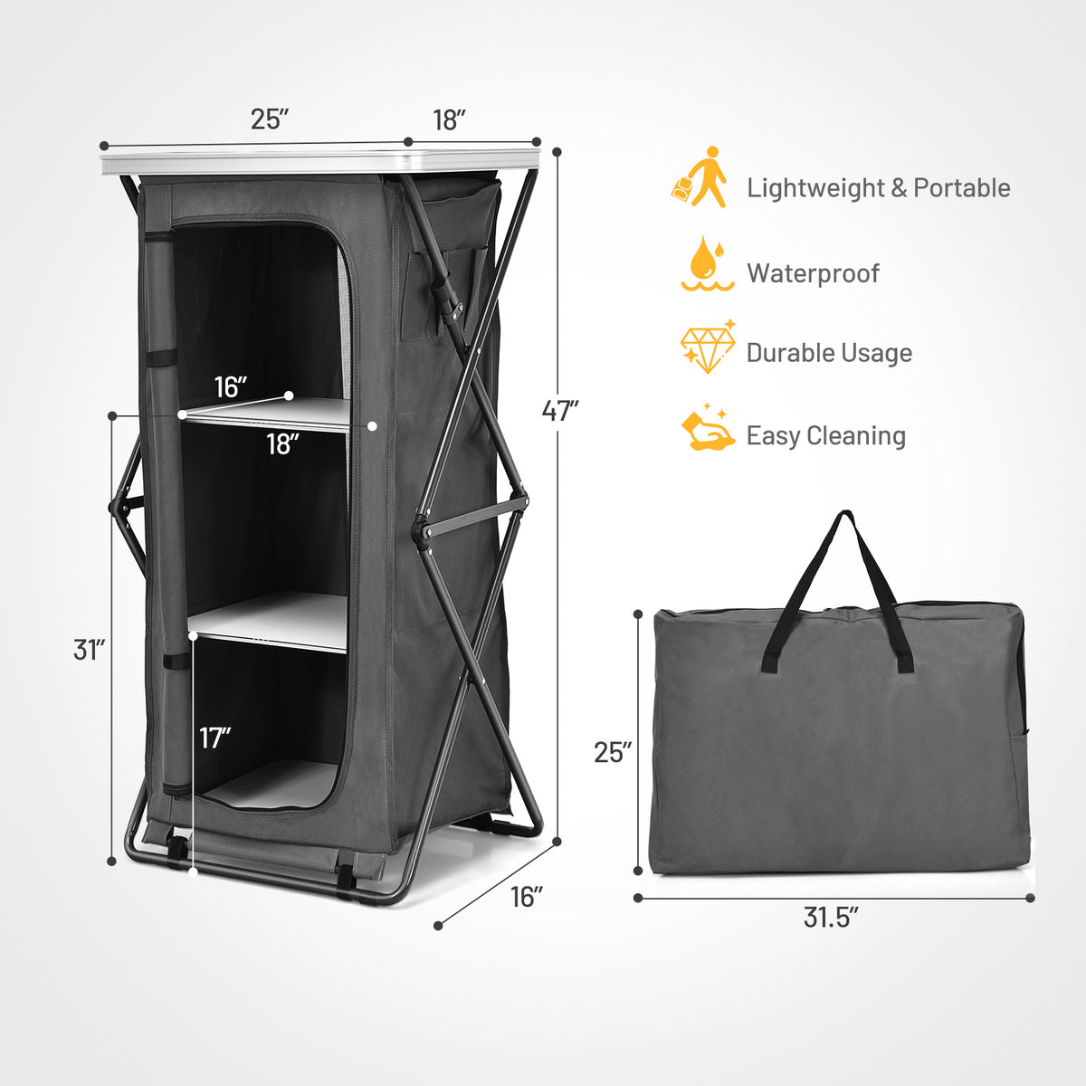 Folding Camping Storage Cabinet with 3 Shelves and Carry Bag-L-Camping Furniture-DECOROLALA