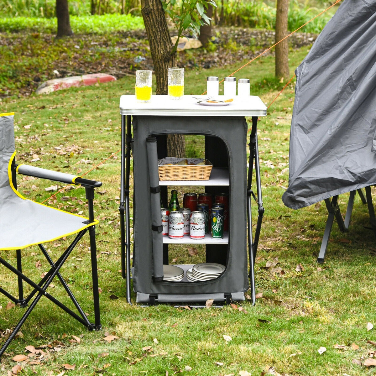 Folding Camping Storage Cabinet with 3 Shelves and Carry Bag-M-Camping Furniture-DECOROLALA