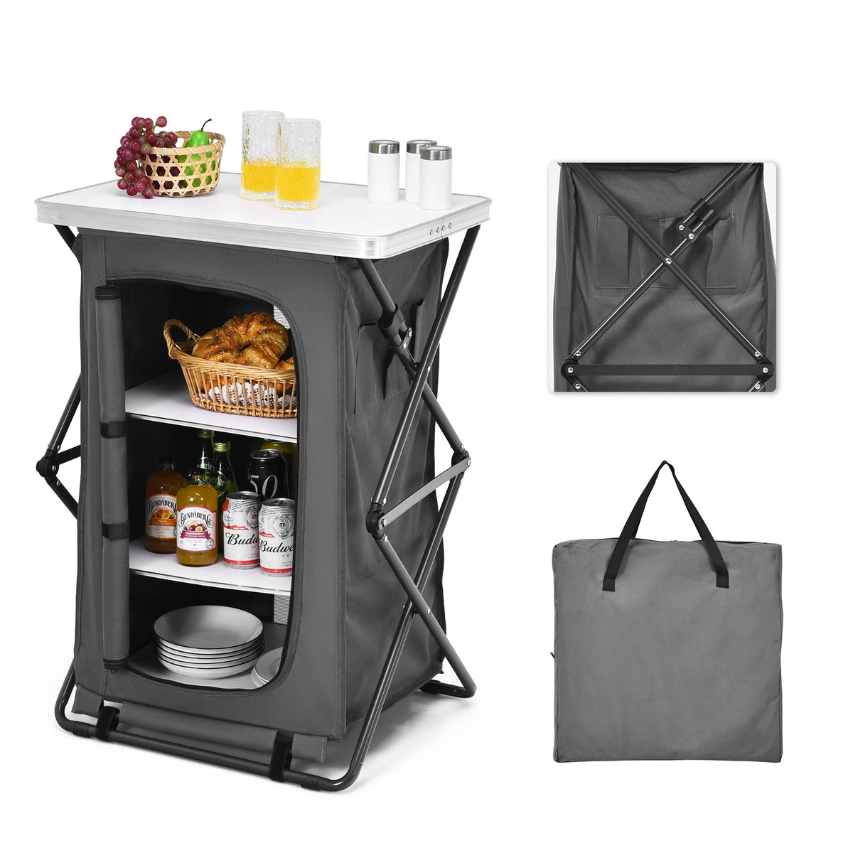 Folding Camping Storage Cabinet with 3 Shelves and Carry Bag-M-Camping Furniture-DECOROLALA