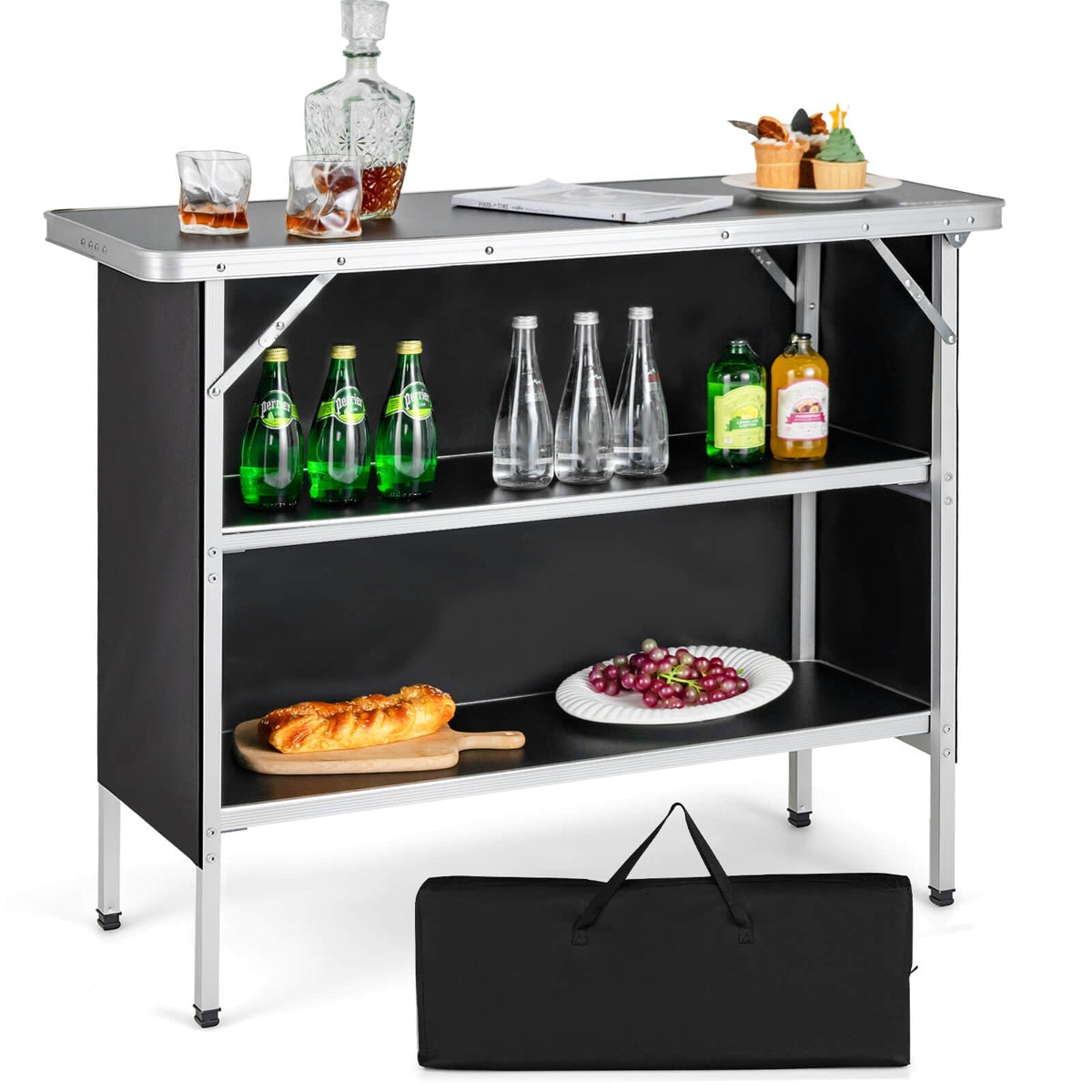 Folding Camping Table with 2-Tier Open Shelves for Outdoor BBQ-Black-Camping Furniture-DECOROLALA