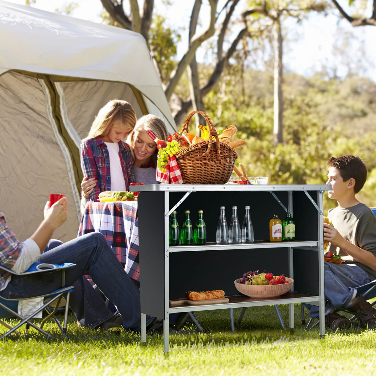 Folding Camping Table with 2-Tier Open Shelves for Outdoor BBQ-Coffee-Camping Furniture-DECOROLALA