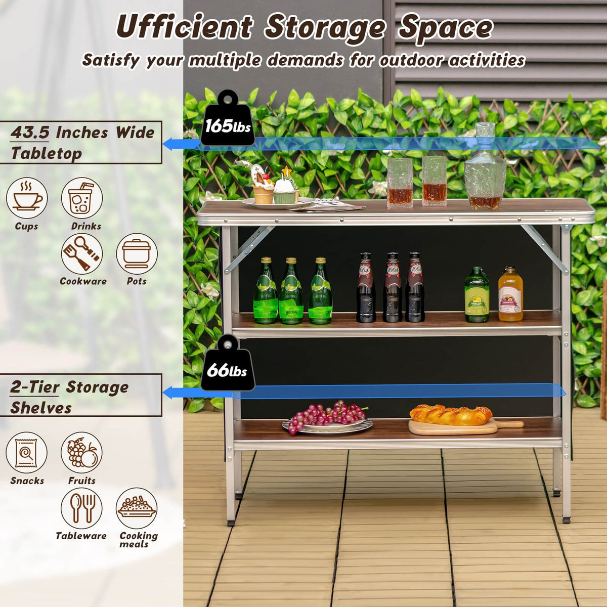 Folding Camping Table with 2-Tier Open Shelves for Outdoor BBQ-Coffee-Camping Furniture-DECOROLALA