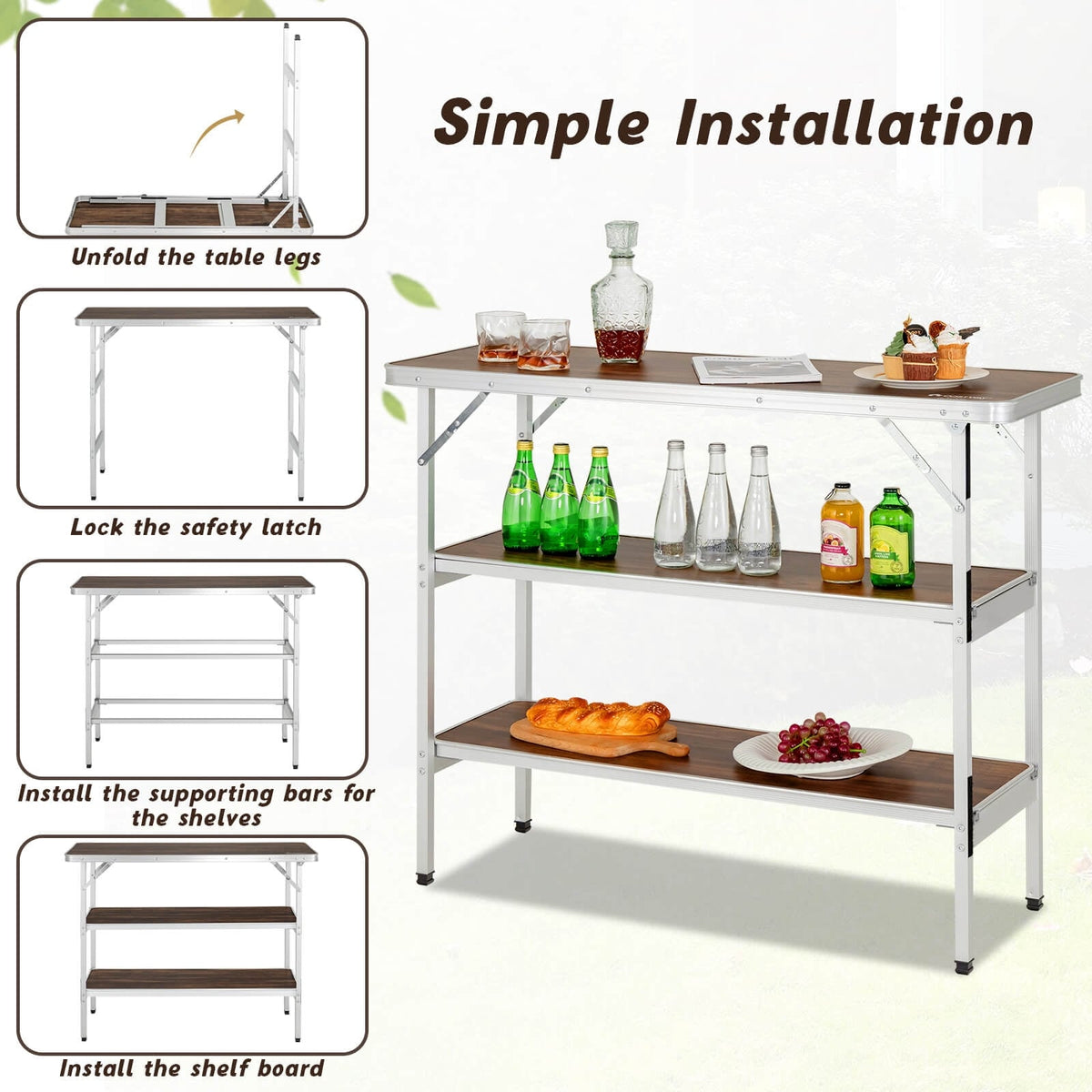Folding Camping Table with 2-Tier Open Shelves for Outdoor BBQ-Coffee-Camping Furniture-DECOROLALA
