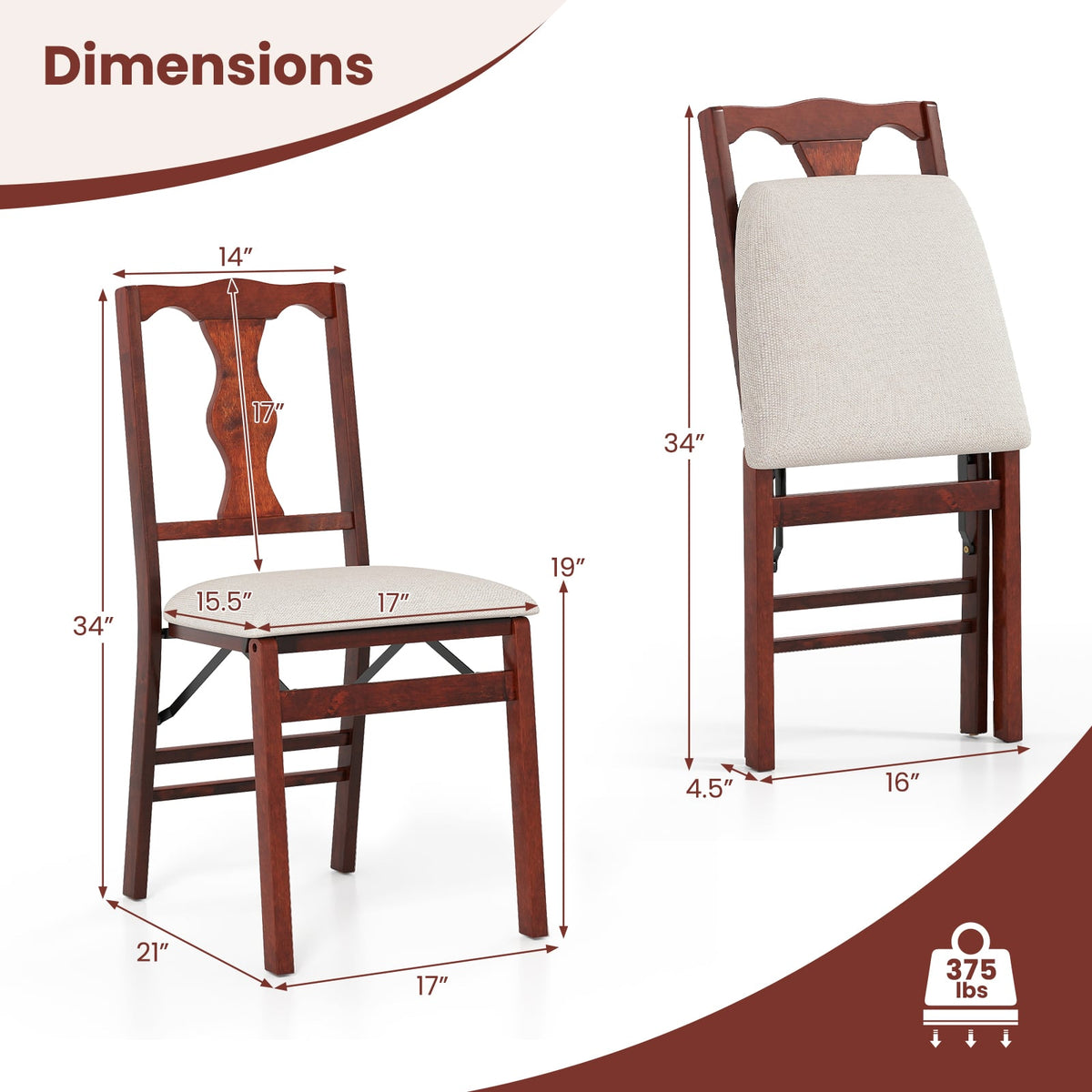 Folding Chairs Set of 2 Upholstered Dining Chairs with Comfy Padded Seats-Brown-Dining Chairs-DECOROLALA