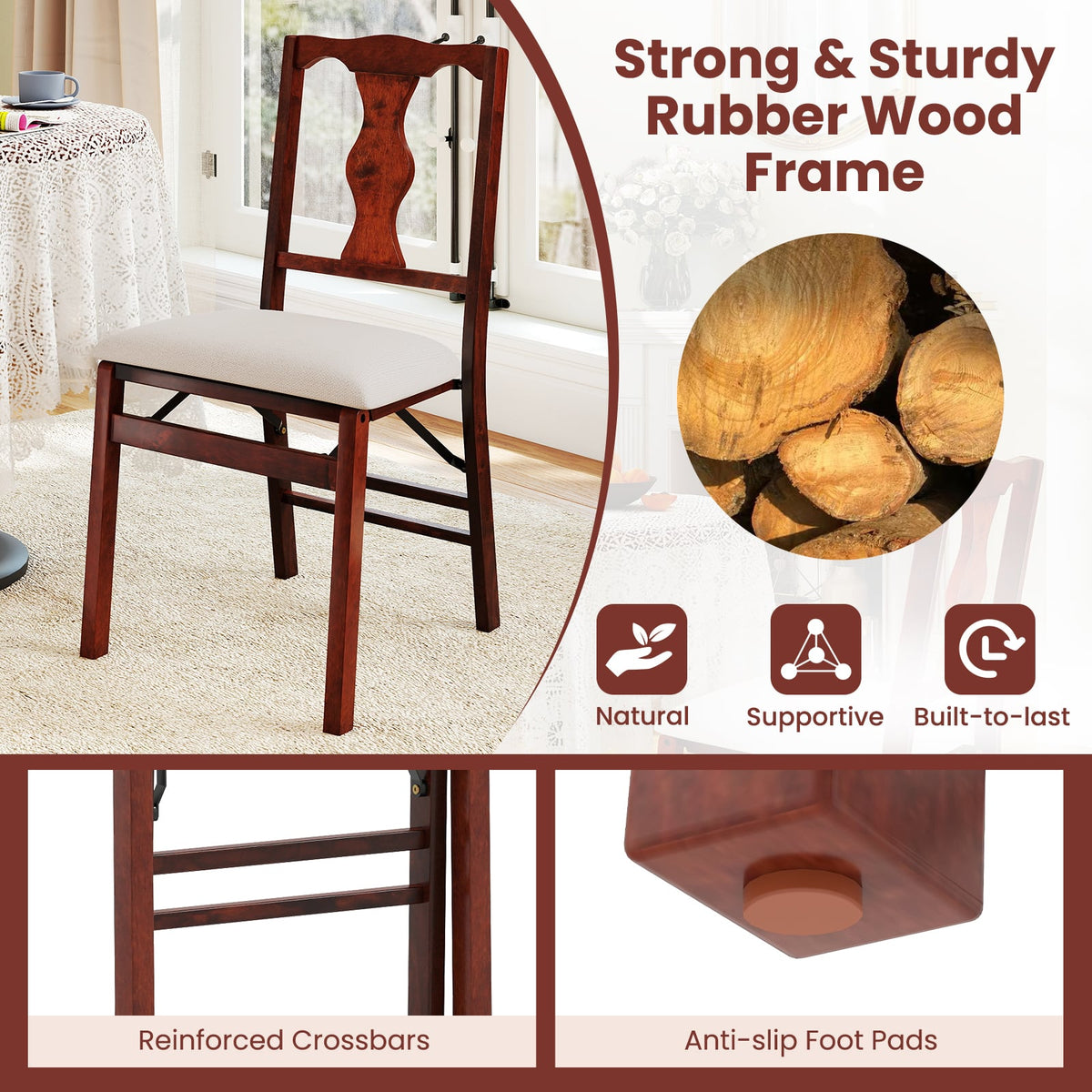 Folding Chairs Set of 2 Upholstered Dining Chairs with Comfy Padded Seats-Brown-Dining Chairs-DECOROLALA