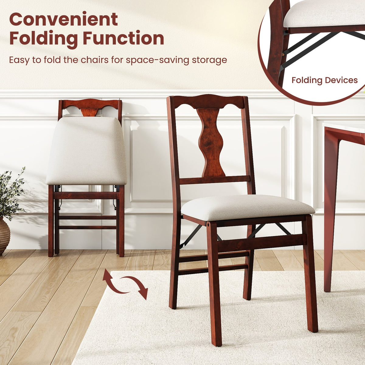 Folding Chairs Set of 2 Upholstered Dining Chairs with Comfy Padded Seats-Brown-Dining Chairs-DECOROLALA