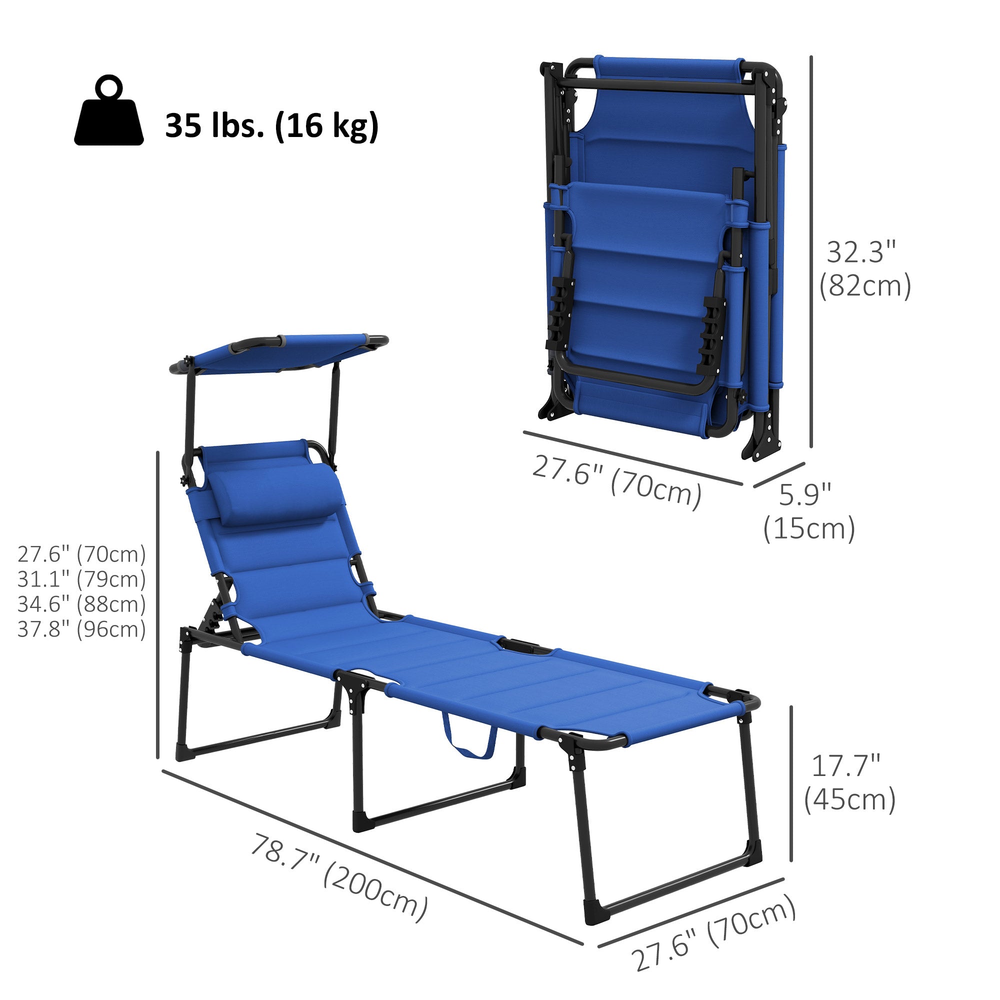 Folding Chaise Lounge - Adjustable Sunroof, Outdoor Tanning Chair, Blue-DECOROLALA