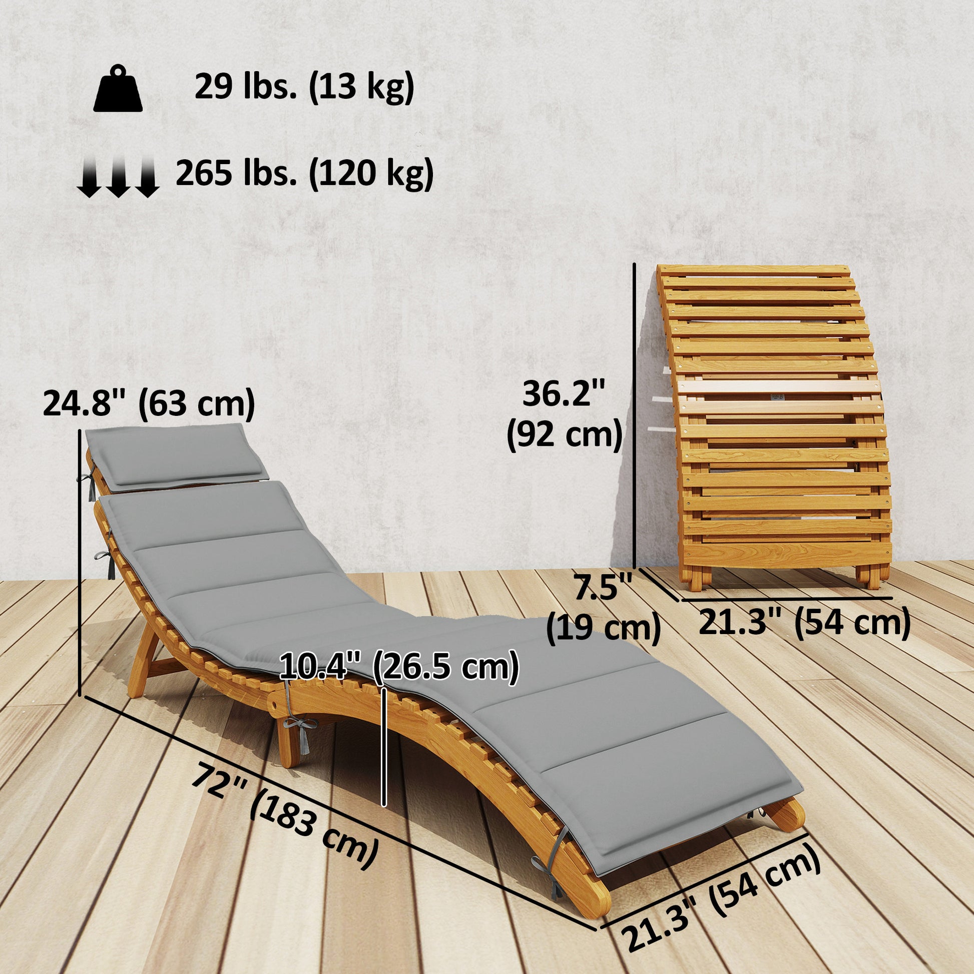 Folding Chaise Lounge Chair Acacia Wood Light Grey-DECOROLALA