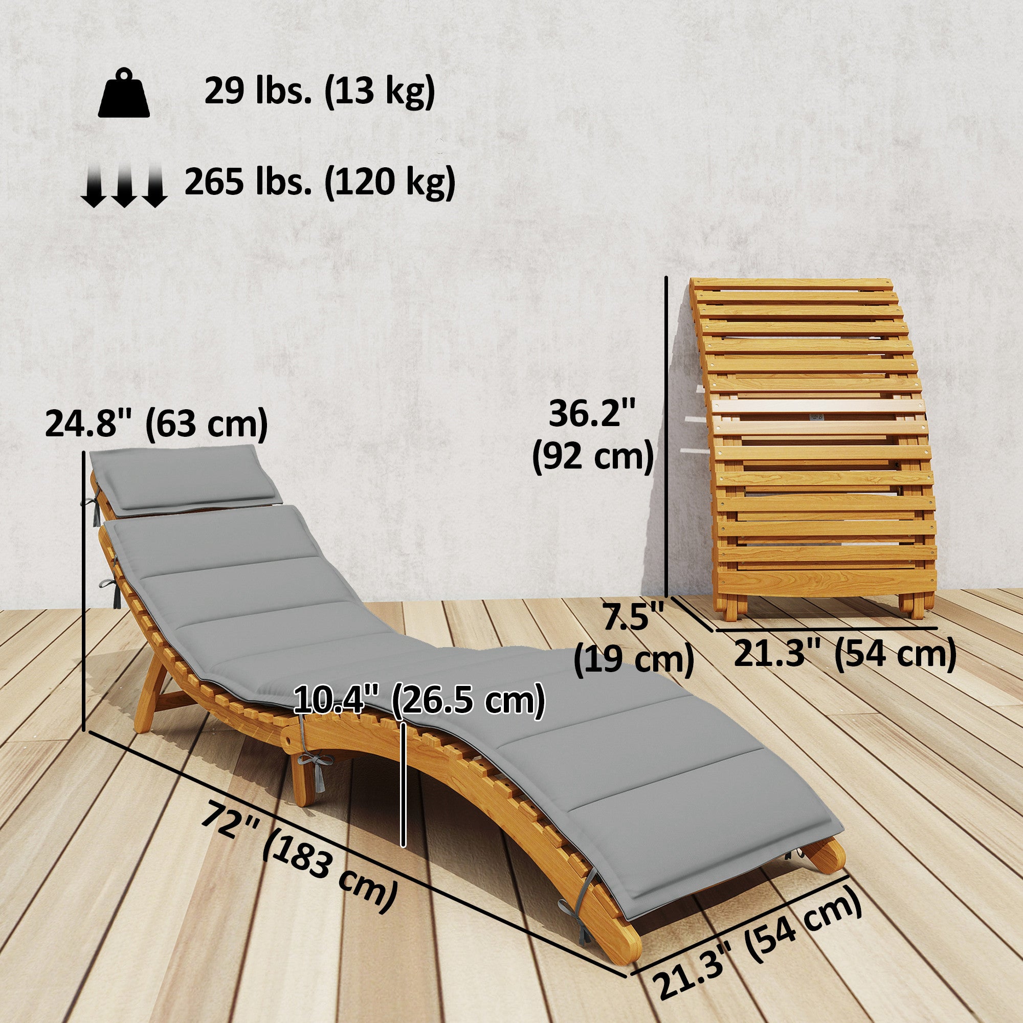 Folding Chaise Lounge Chair Acacia Wood Light Grey-DECOROLALA