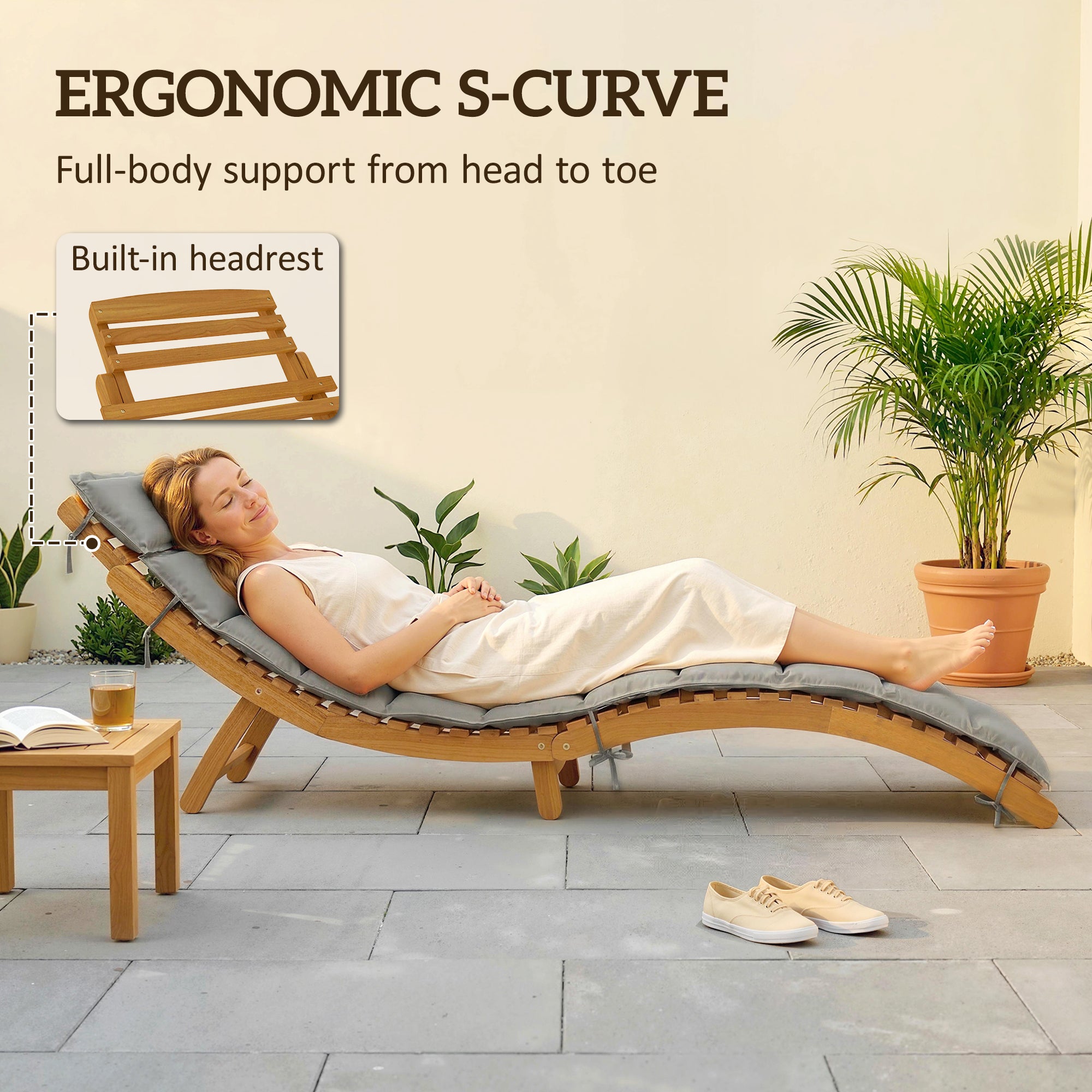 Folding Chaise Lounge Chair Acacia Wood Light Grey-DECOROLALA