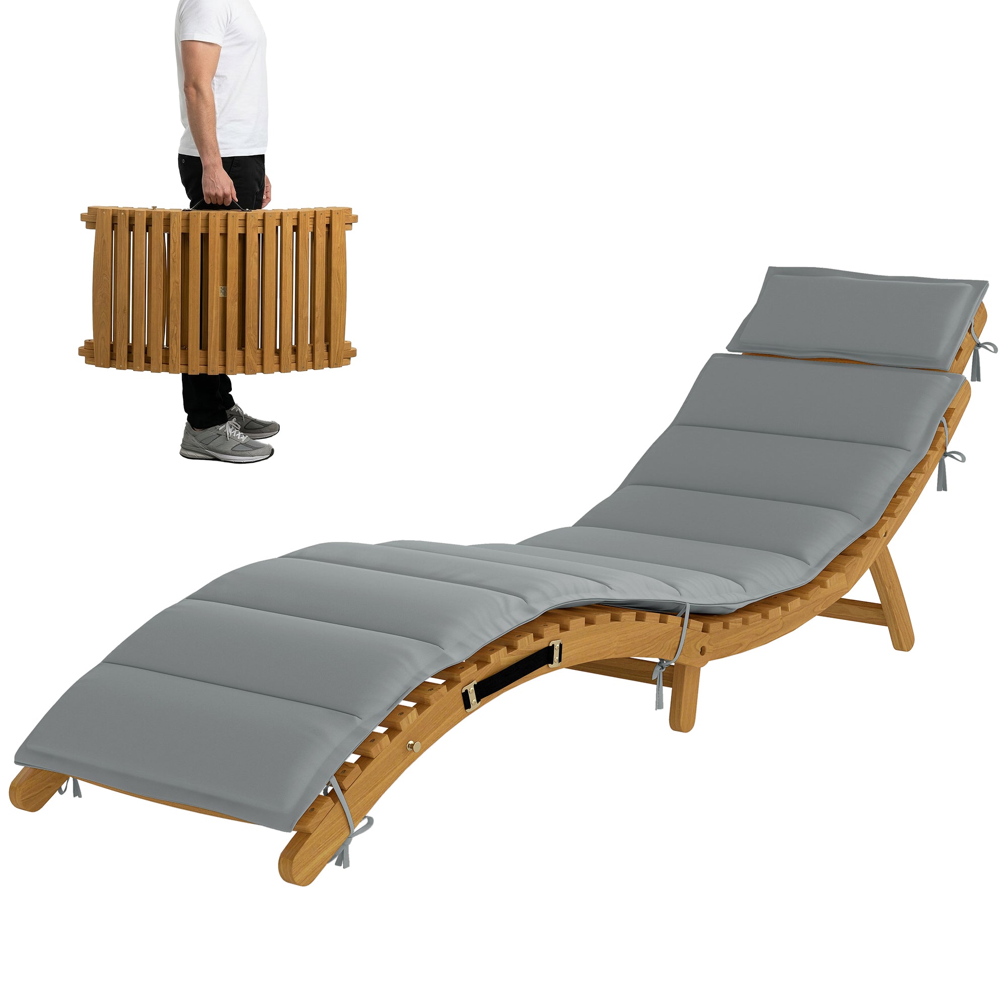 Folding Chaise Lounge Chair Acacia Wood Light Grey-DECOROLALA