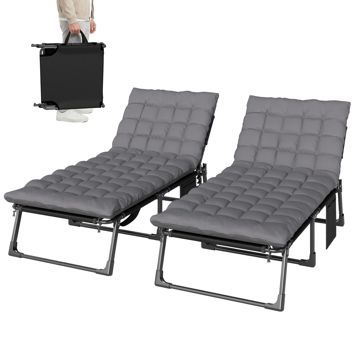 Folding Chaise Lounge Chair Set of 2 - Dark Grey-Outdoor Chaise Lounges-DECOROLALA