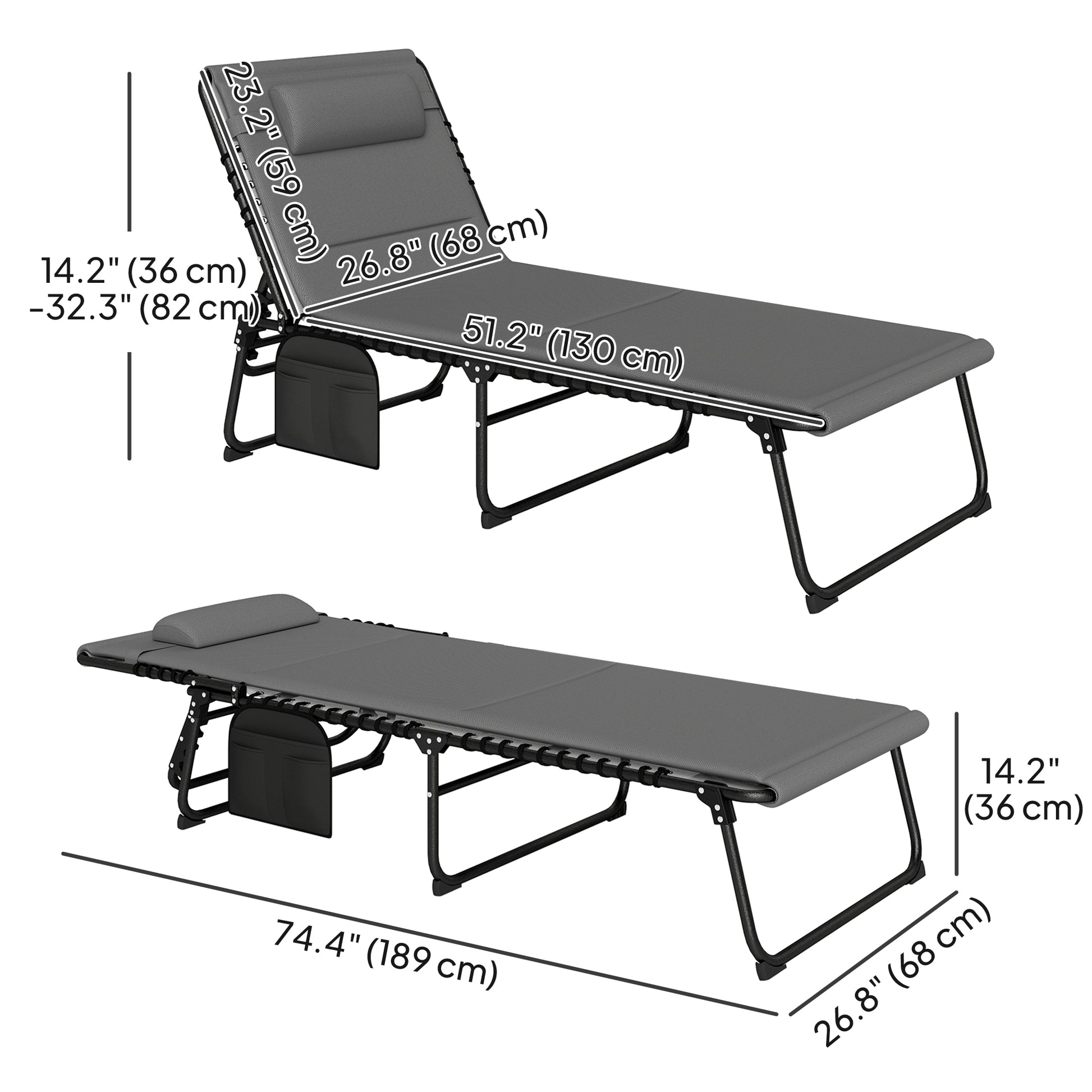 Folding Chaise Lounge Set of 2, Grey Recliner Chairs with Headrest, Beach Loungers-DECOROLALA