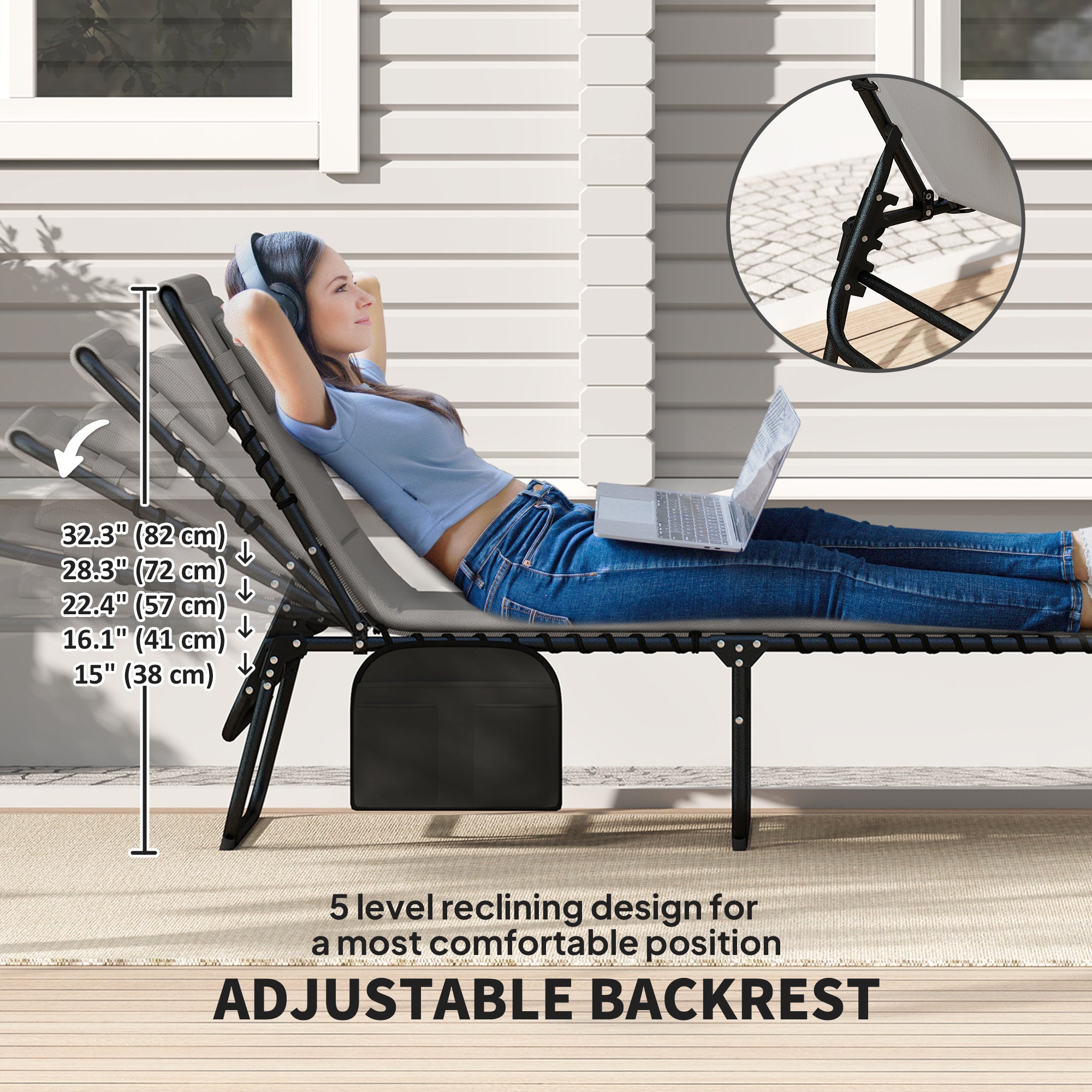 Folding Chaise Lounge Set of 2, Grey Recliner Chairs with Headrest, Beach Loungers-DECOROLALA