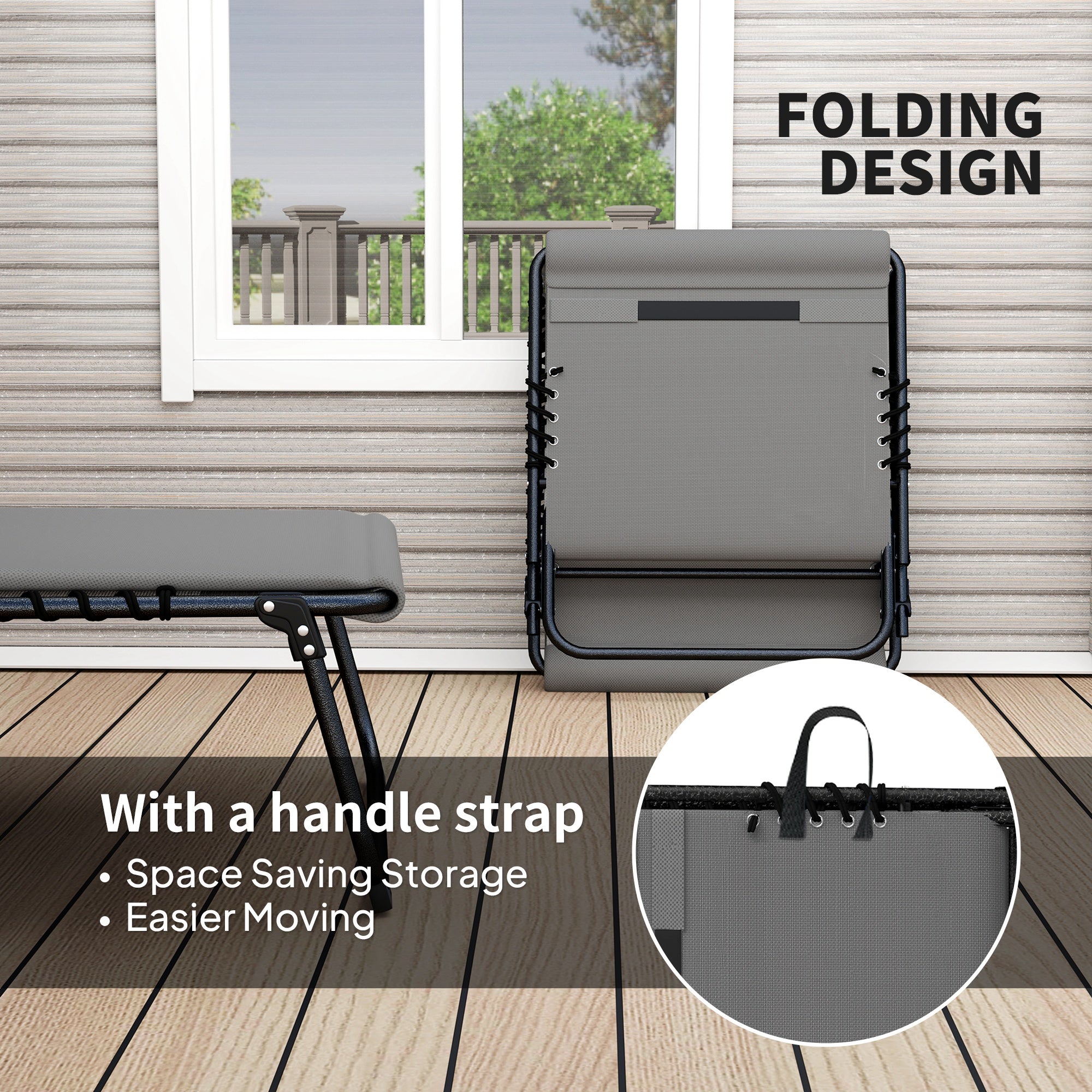 Folding Chaise Lounge Set of 2, Grey Recliner Chairs with Headrest, Beach Loungers-DECOROLALA