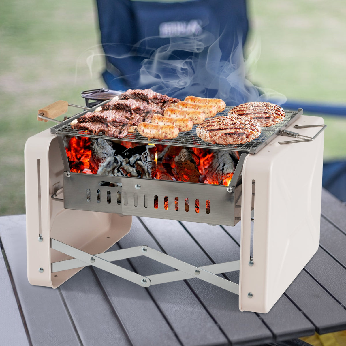 Folding Charcoal BBQ Grill with Dishwasher-safe Grill Grids and Charcoal Box-Beige-Outdoor Grills-DECOROLALA