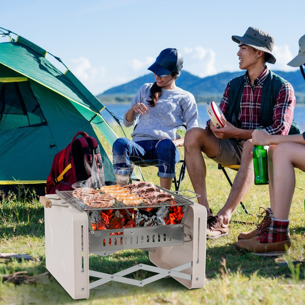 Folding Charcoal BBQ Grill with Dishwasher-safe Grill Grids and Charcoal Box-Beige-Outdoor Grills-DECOROLALA