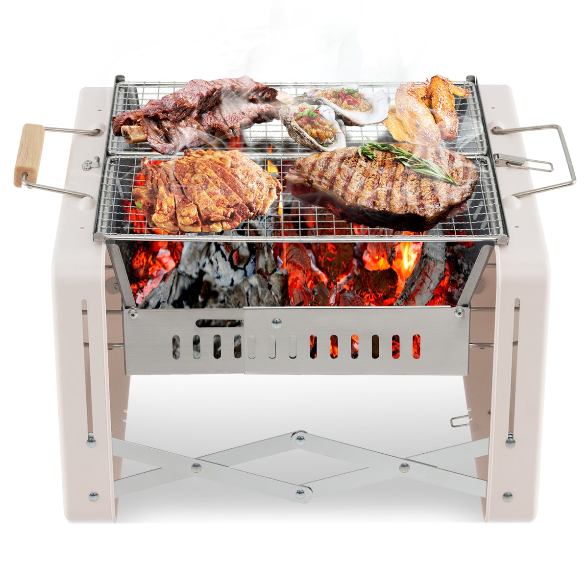 Folding Charcoal BBQ Grill with Dishwasher-safe Grill Grids and Charcoal Box-Beige-Outdoor Grills-DECOROLALA