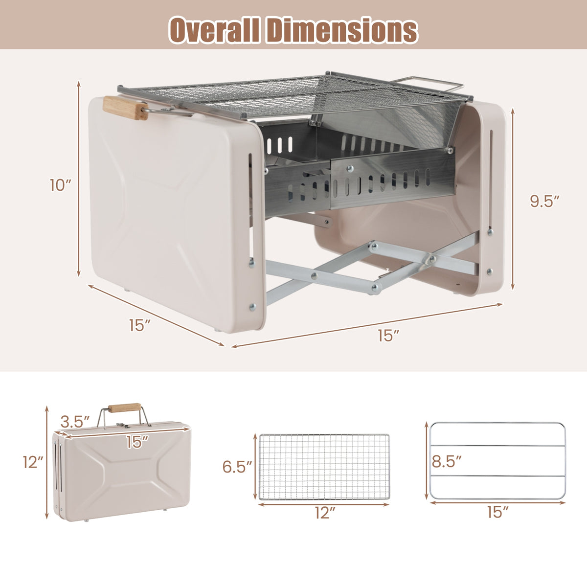 Folding Charcoal BBQ Grill with Dishwasher-safe Grill Grids and Charcoal Box-Beige-Outdoor Grills-DECOROLALA