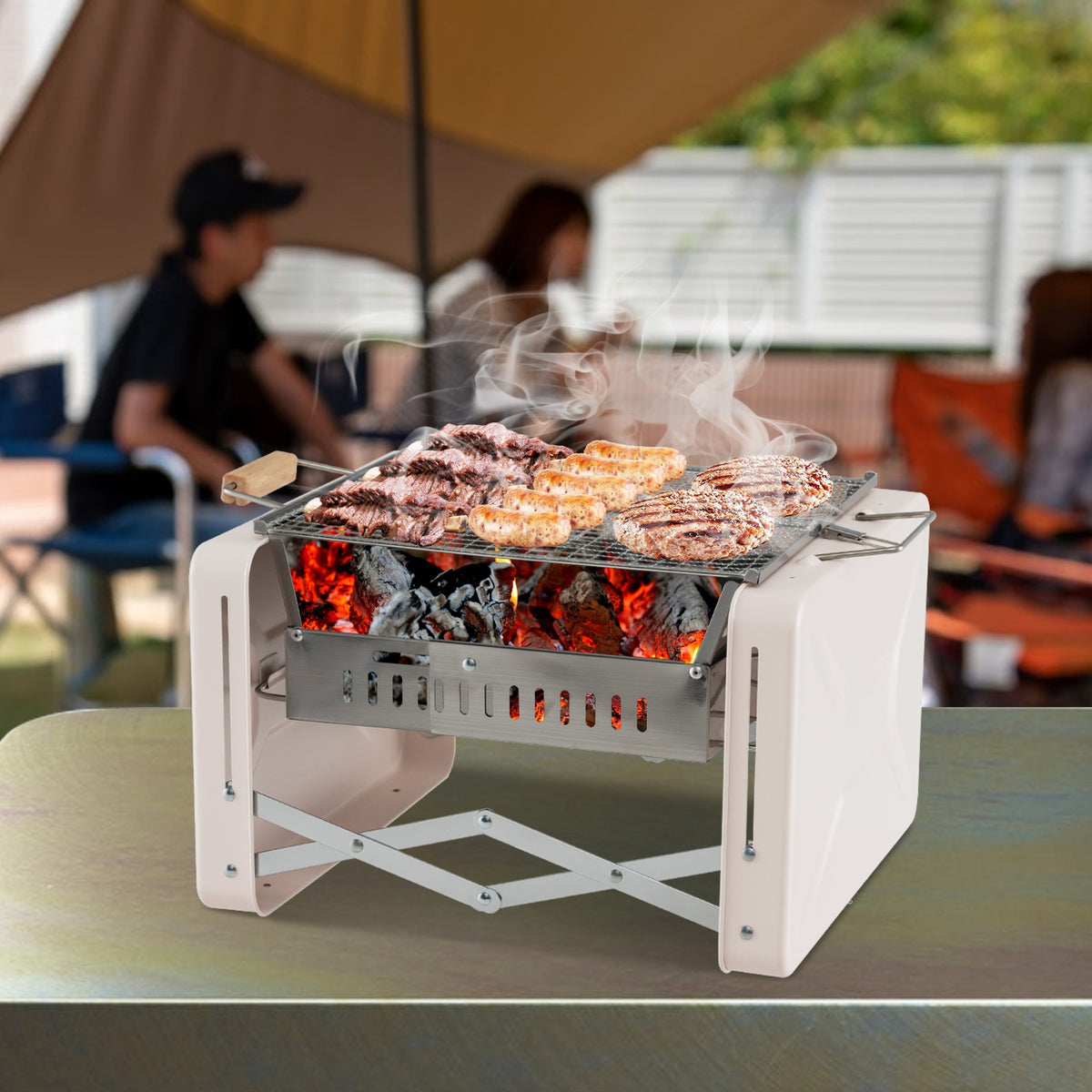 Folding Charcoal BBQ Grill with Dishwasher-safe Grill Grids and Charcoal Box-Beige-Outdoor Grills-DECOROLALA