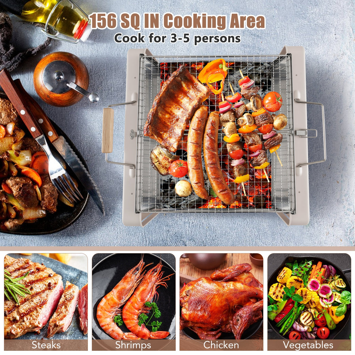 Folding Charcoal BBQ Grill with Dishwasher-safe Grill Grids and Charcoal Box-Beige-Outdoor Grills-DECOROLALA