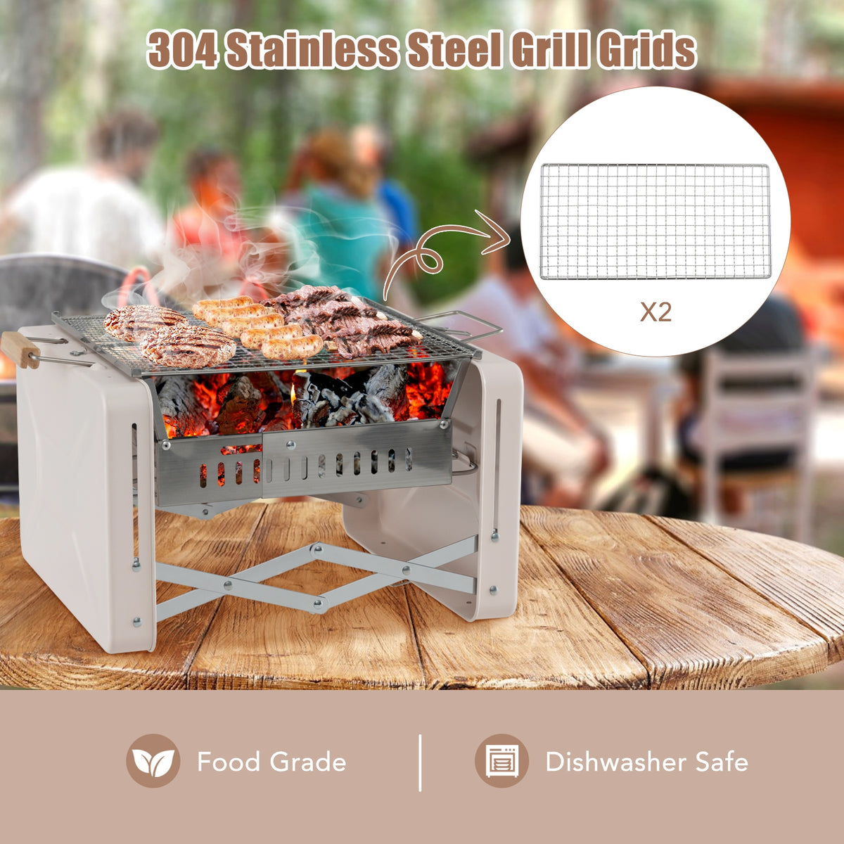 Folding Charcoal BBQ Grill with Dishwasher-safe Grill Grids and Charcoal Box-Beige-Outdoor Grills-DECOROLALA
