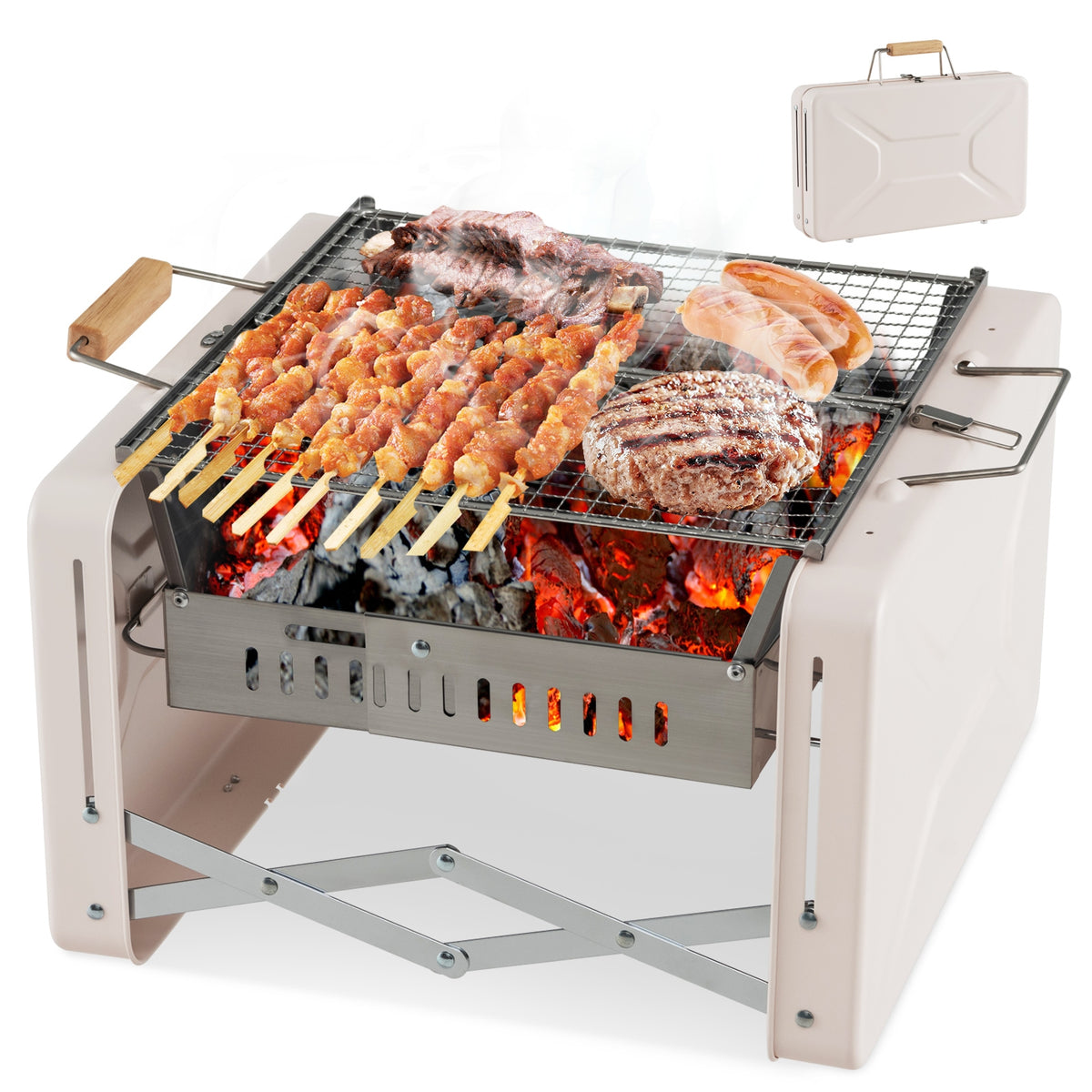 Folding Charcoal BBQ Grill with Dishwasher-safe Grill Grids and Charcoal Box-Beige-Outdoor Grills-DECOROLALA