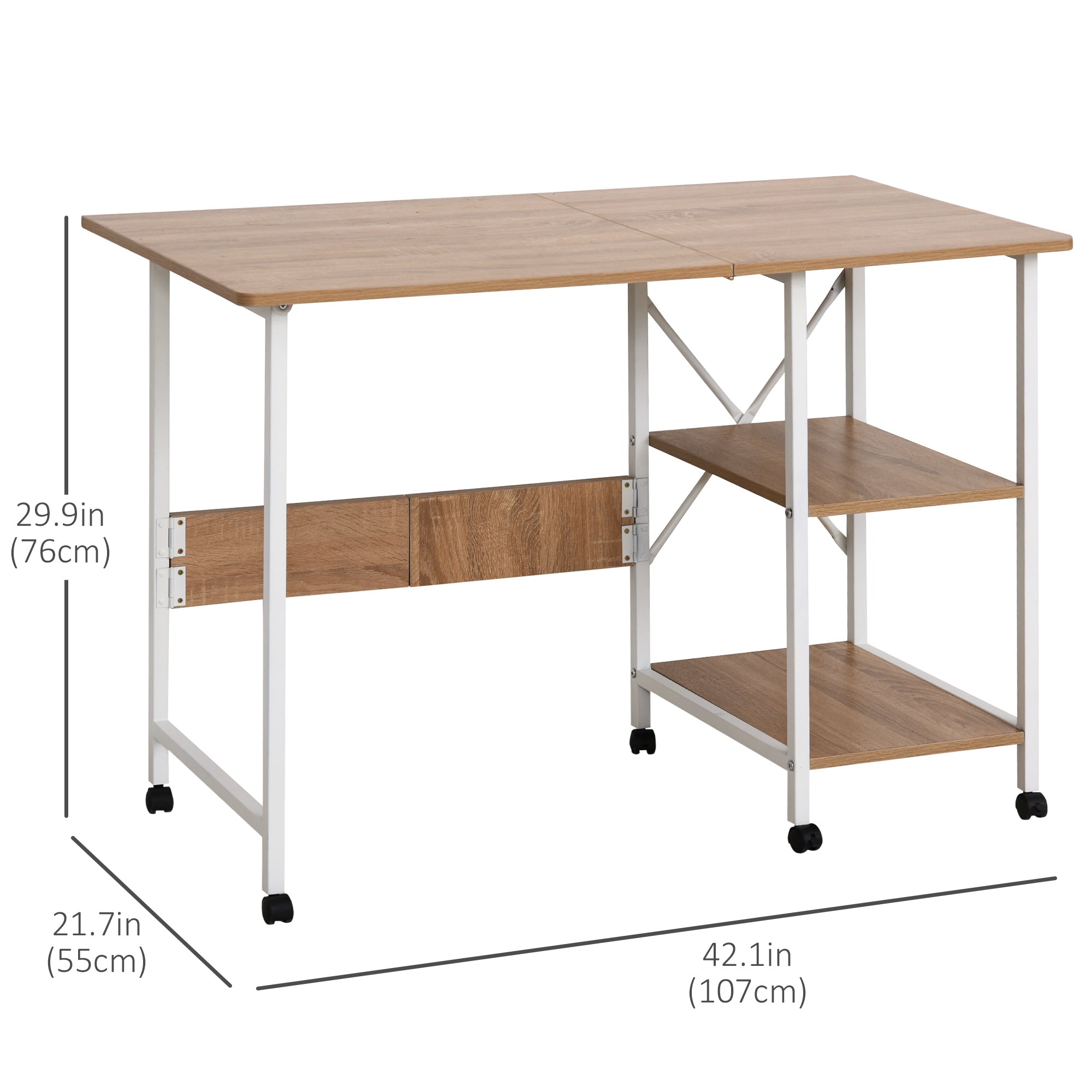 Folding Computer Desk with Storage Shelves and Wheels - Natural-Office Products > Office Furniture > Office Desks & Work Stations > Writing Desks-DECOROLALA