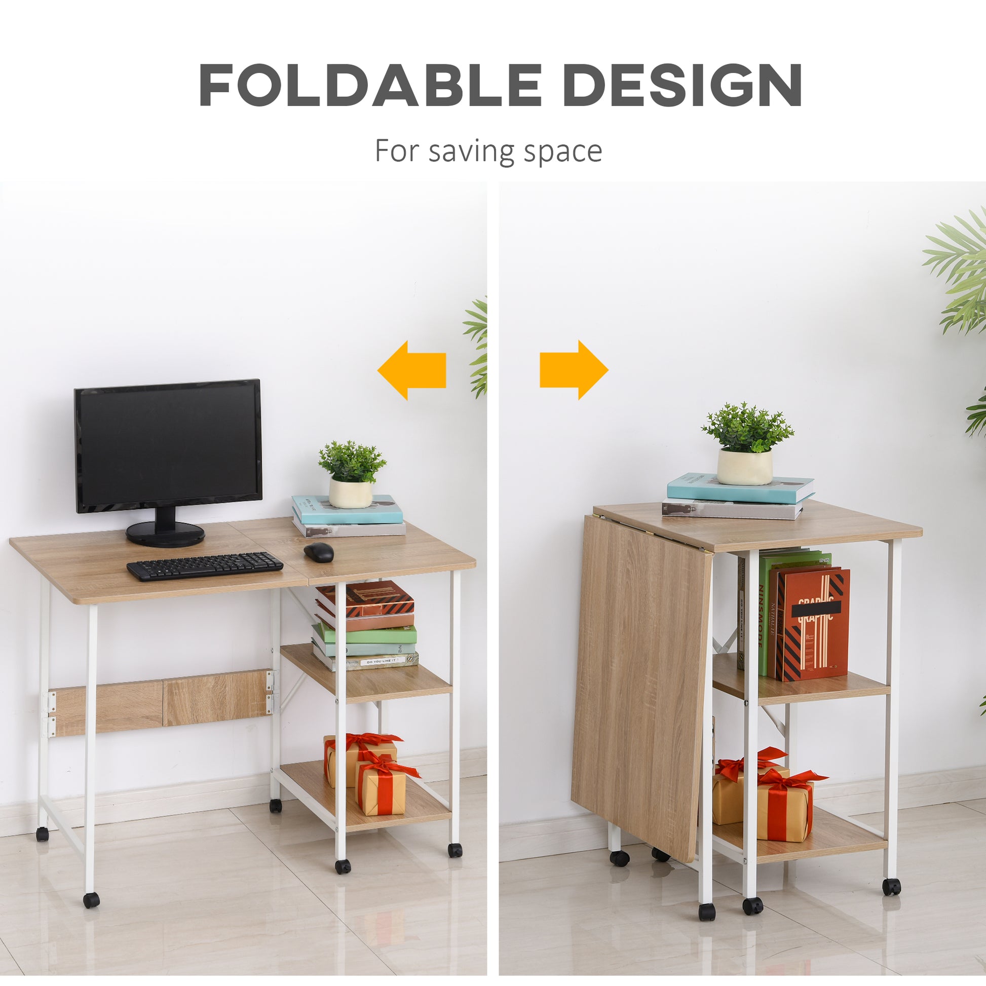 Folding Computer Desk with Storage Shelves and Wheels - Natural-Office Products > Office Furniture > Office Desks & Work Stations > Writing Desks-DECOROLALA
