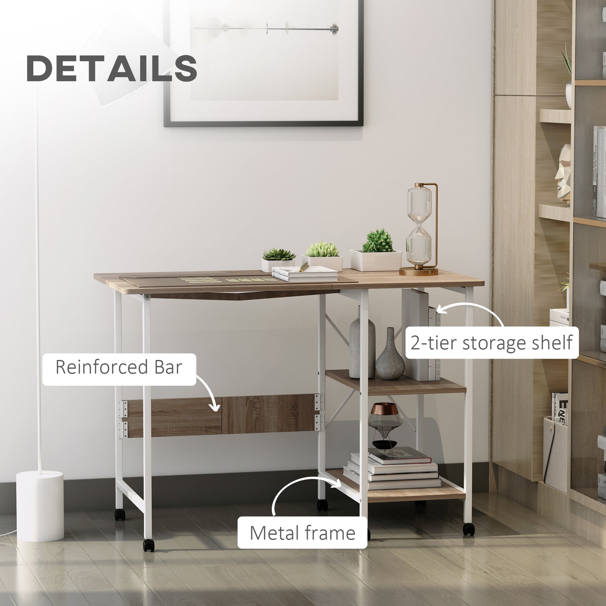 Folding Computer Desk with Storage Shelves and Wheels - Natural-Office Products > Office Furniture > Office Desks & Work Stations > Writing Desks-DECOROLALA