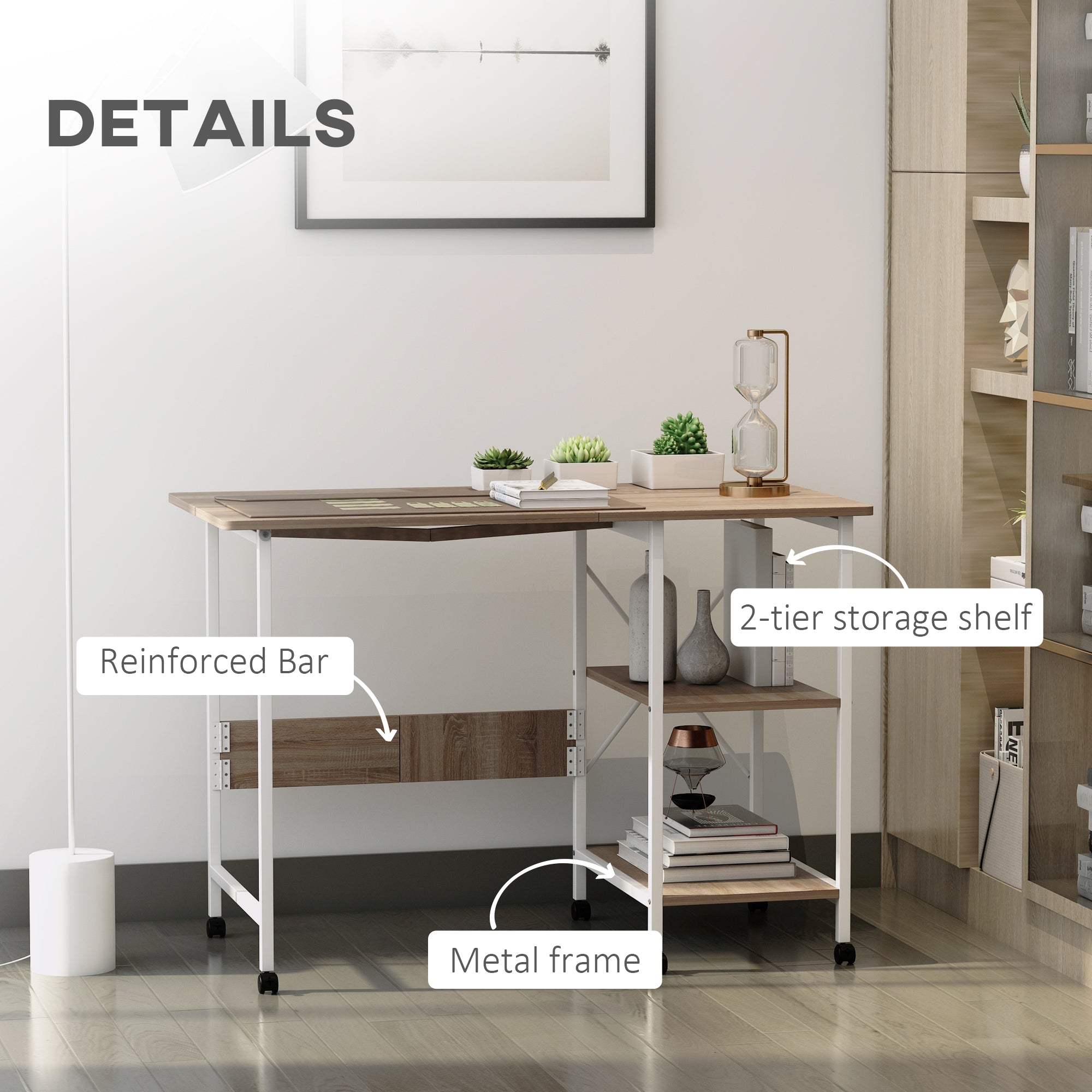 Folding Computer Desk with Storage Shelves and Wheels - Natural-Office Products > Office Furniture > Office Desks & Work Stations > Writing Desks-DECOROLALA