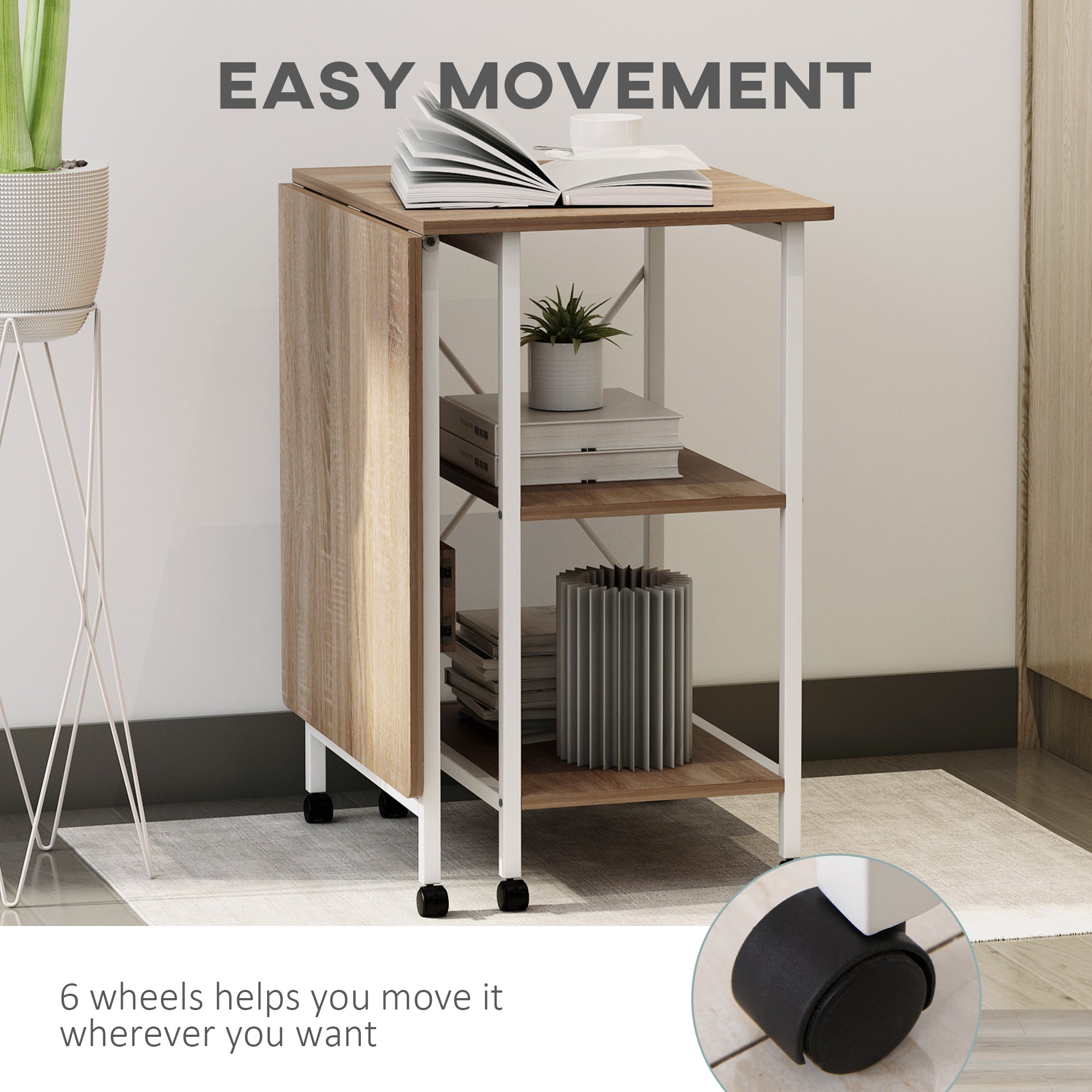 Folding Computer Desk with Storage Shelves and Wheels - Natural-Office Products > Office Furniture > Office Desks & Work Stations > Writing Desks-DECOROLALA