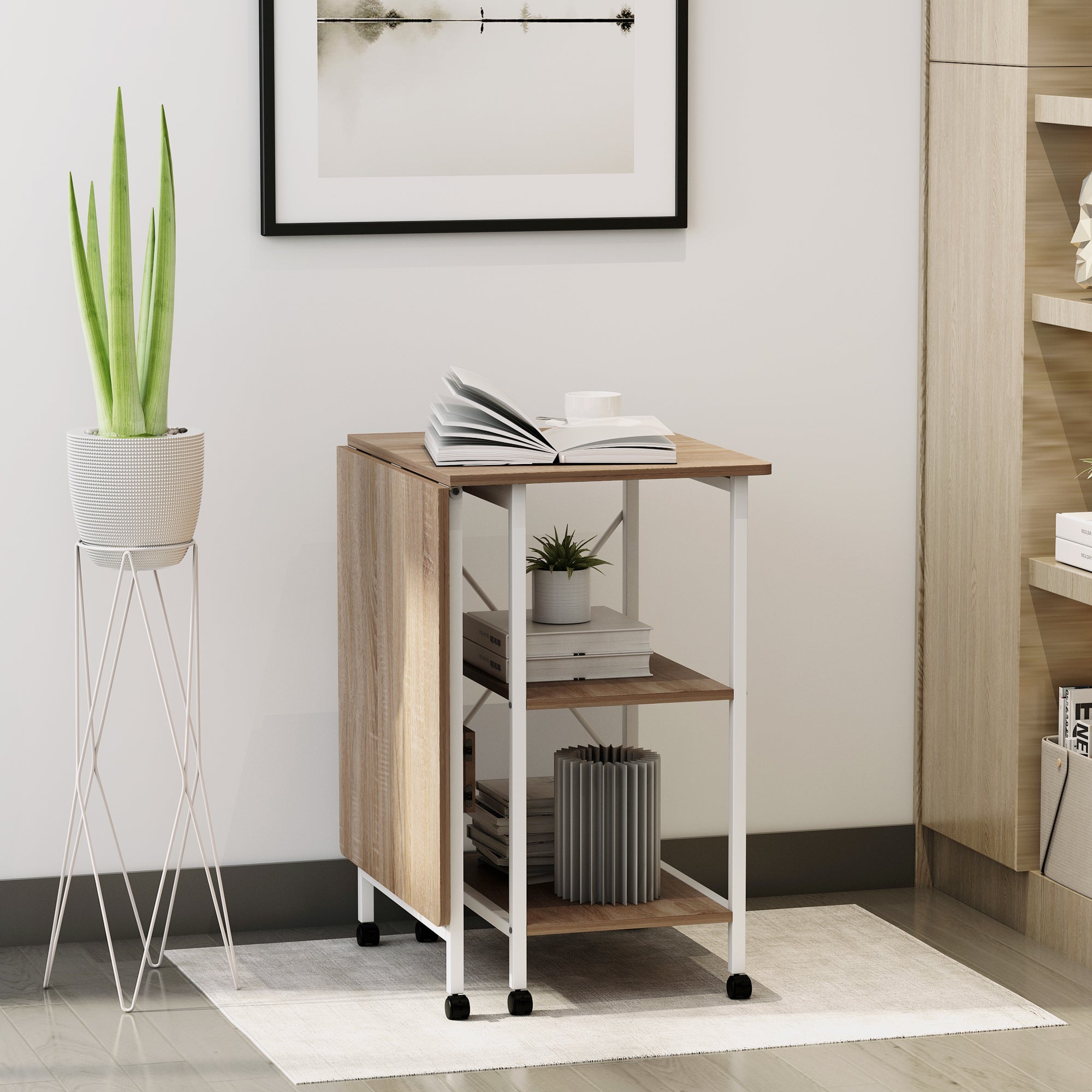 Folding Computer Desk with Storage Shelves and Wheels - Natural-Office Products > Office Furniture > Office Desks & Work Stations > Writing Desks-DECOROLALA