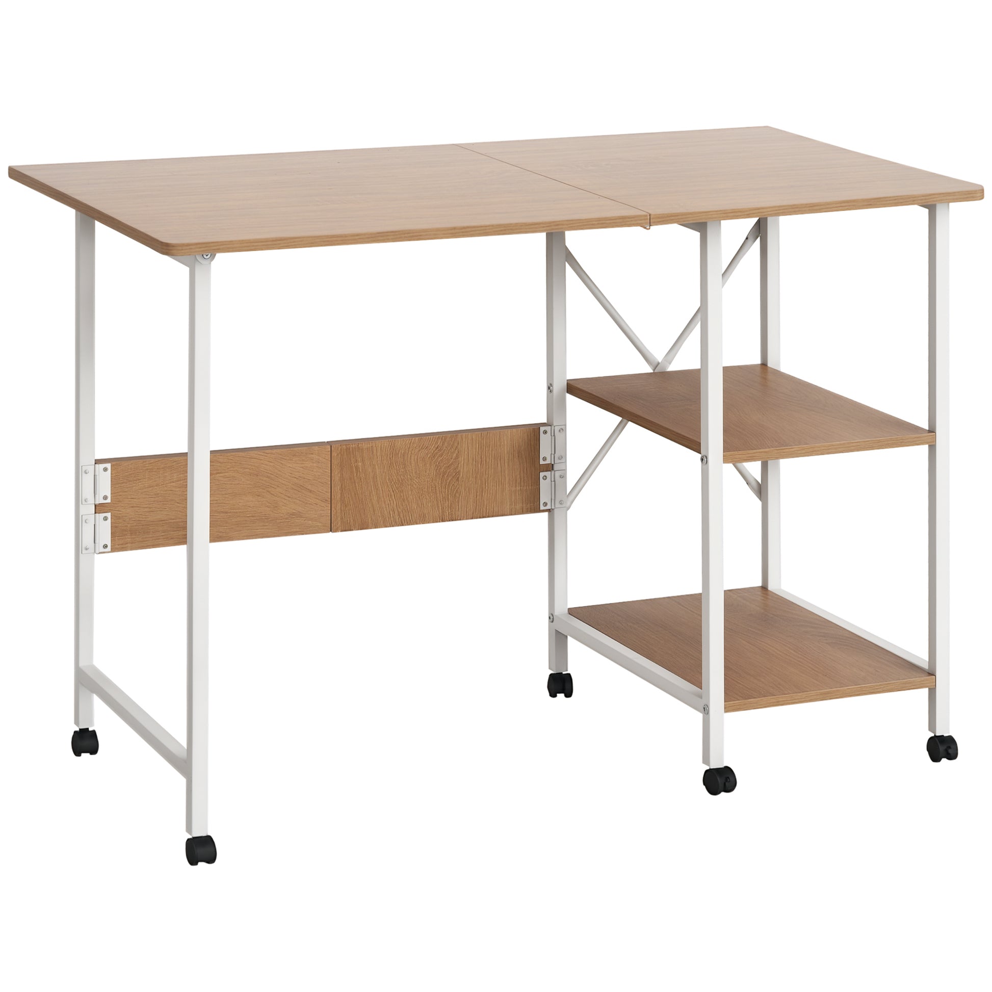 Folding Computer Desk with Storage Shelves and Wheels - Natural-Office Products > Office Furniture > Office Desks & Work Stations > Writing Desks-DECOROLALA