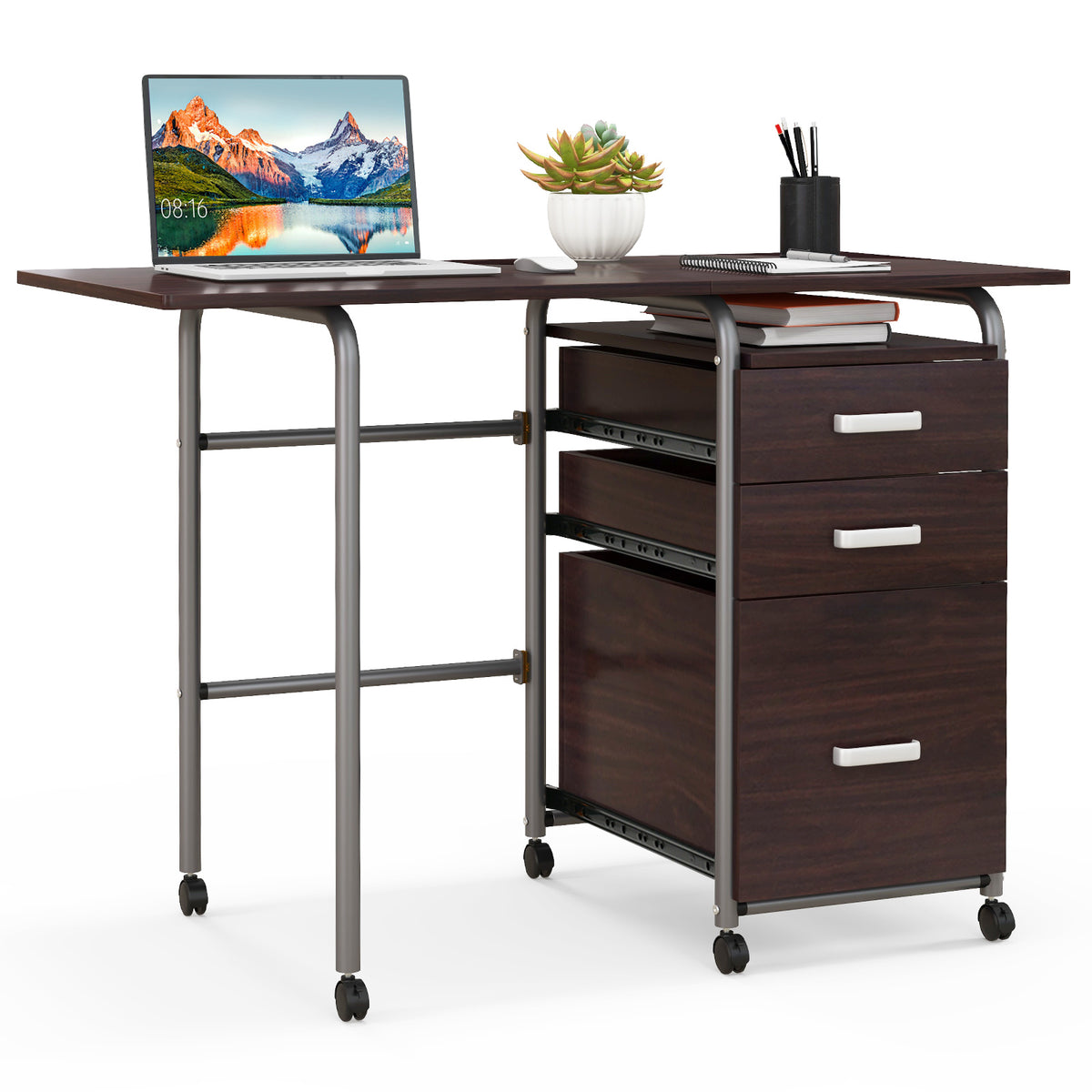 Folding Computer Laptop Desk Wheeled Home Office Furniture-Brown ...