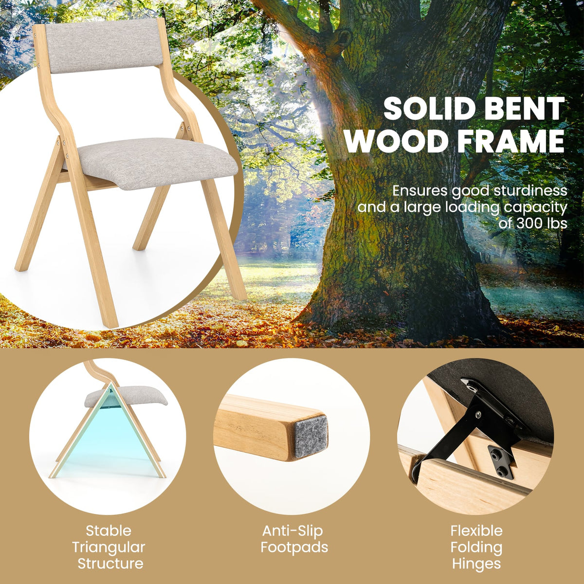 Folding Dining Chair Set of 4 Wooden Upholstered Dining Chairs with Solid Wood Frame-Dining Chairs-DECOROLALA