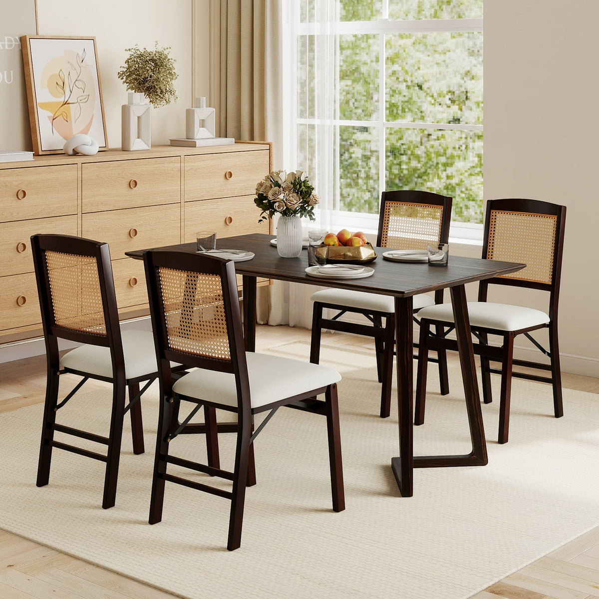 Folding Dining Chairs Set of 2 Rubber Wood Chairs with Linen Padded Seat-Coffee-Dining Chairs-DECOROLALA
