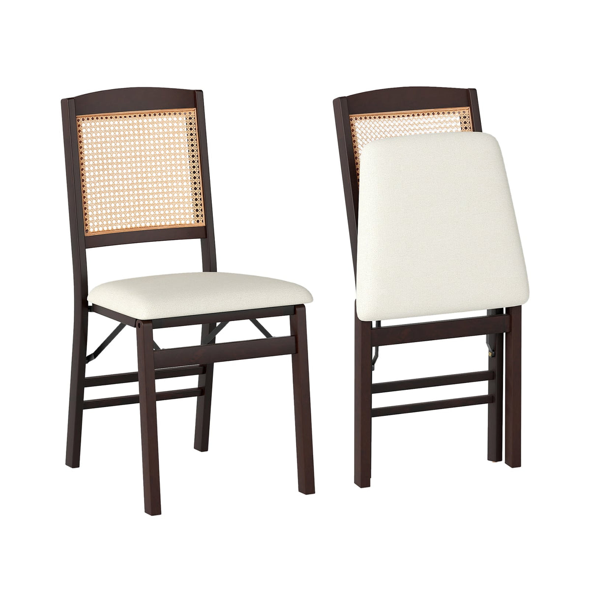 Folding Dining Chairs Set of 2 Rubber Wood Chairs with Linen Padded Seat-Coffee-Dining Chairs-DECOROLALA