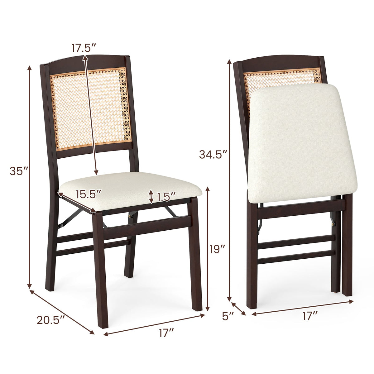 Folding Dining Chairs Set of 2 Rubber Wood Chairs with Linen Padded Seat-Coffee-Dining Chairs-DECOROLALA