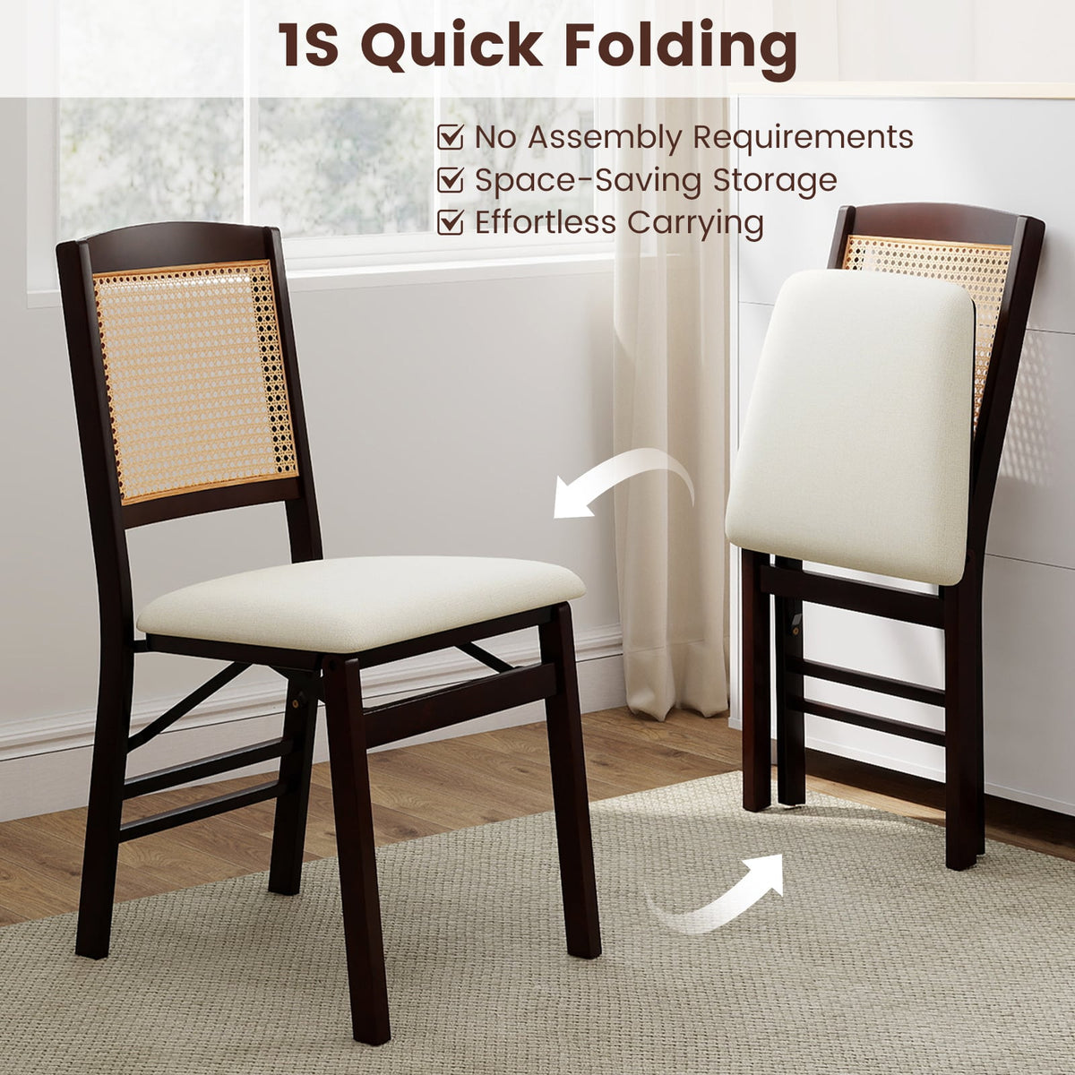 Folding Dining Chairs Set of 2 Rubber Wood Chairs with Linen Padded Seat-Coffee-Dining Chairs-DECOROLALA