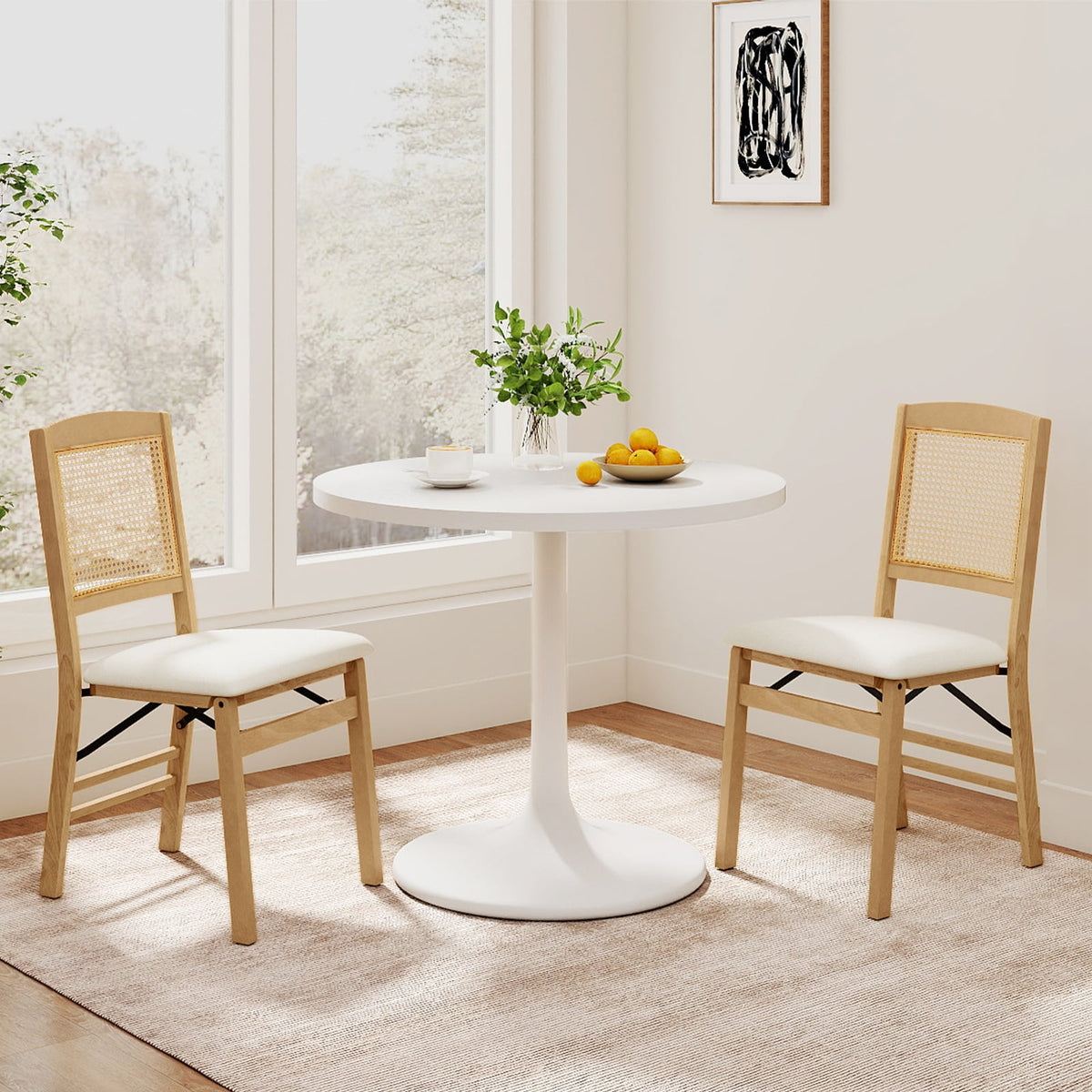 Folding Dining Chairs Set of 2 Rubber Wood Chairs with Linen Padded Seat-Natural-Dining Chairs-DECOROLALA