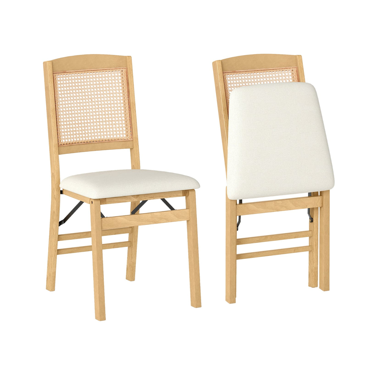 Folding Dining Chairs Set of 2 Rubber Wood Chairs with Linen Padded Seat-Natural-Dining Chairs-DECOROLALA