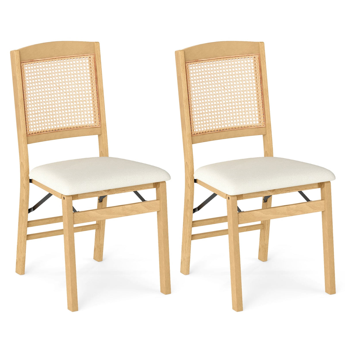 Folding Dining Chairs Set of 2 Rubber Wood Chairs with Linen Padded Seat-Natural-Dining Chairs-DECOROLALA
