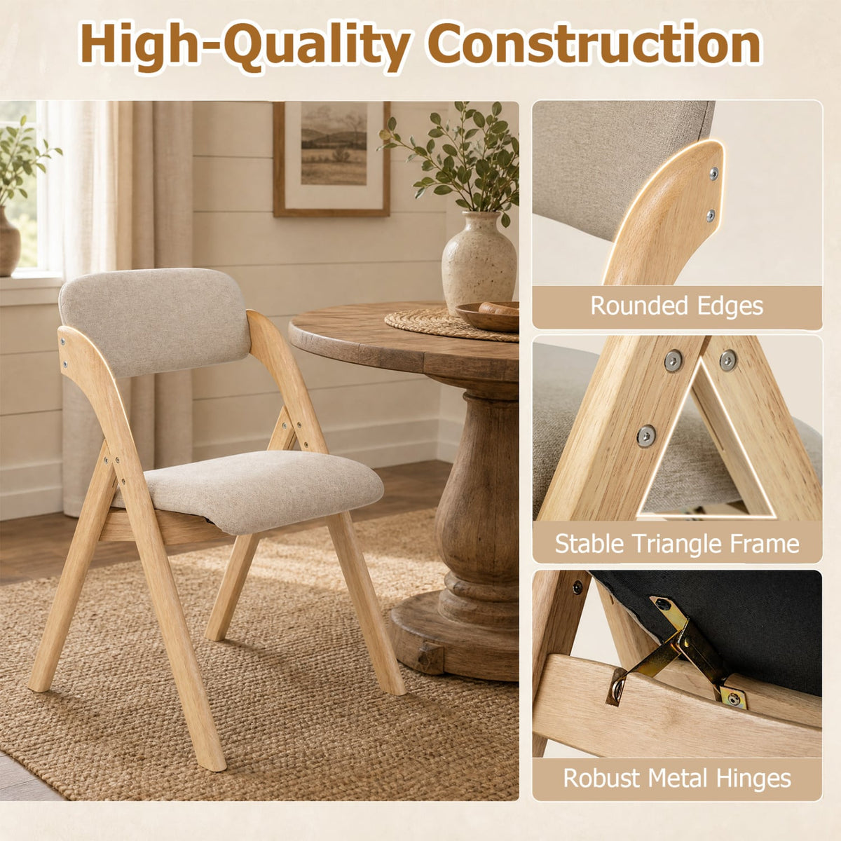Folding Dining Chairs Set of 2 with Cushion-Beige-Dining Chairs-DECOROLALA