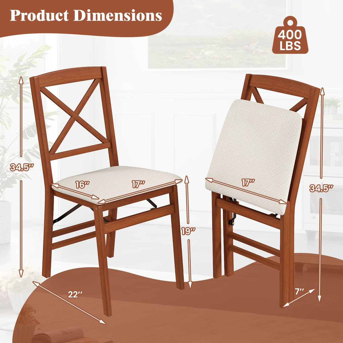 Folding Dining Chairs Set of 2 with Padded Seat and Rubber Wood Frame-A-Dining Chairs-DECOROLALA