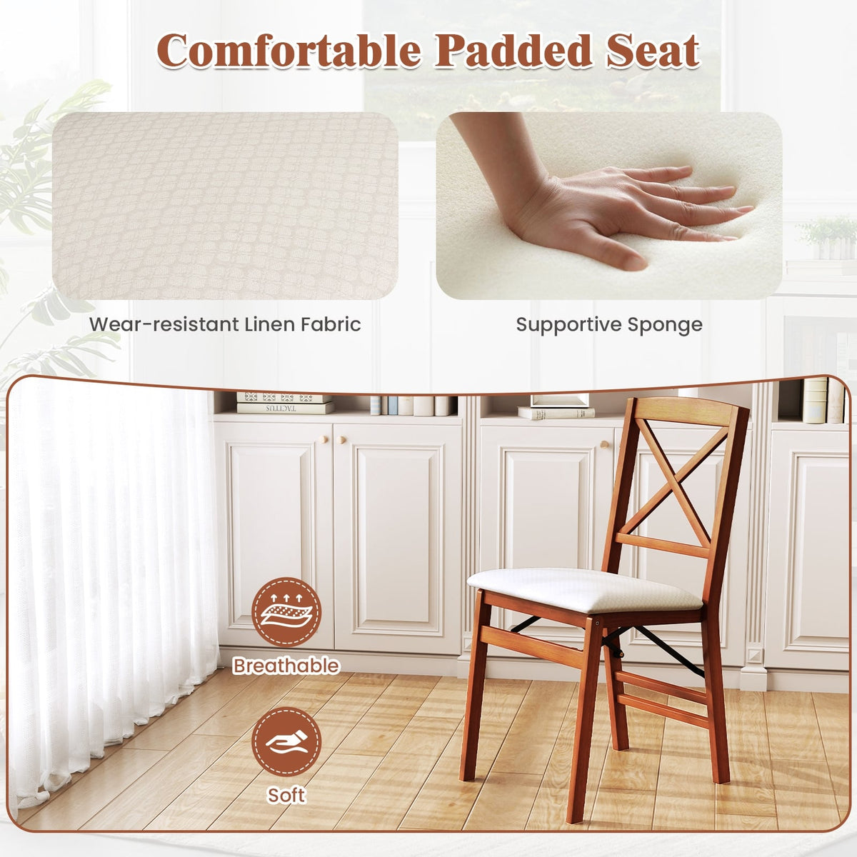 Folding Dining Chairs Set of 2 with Padded Seat and Rubber Wood Frame-A-Dining Chairs-DECOROLALA