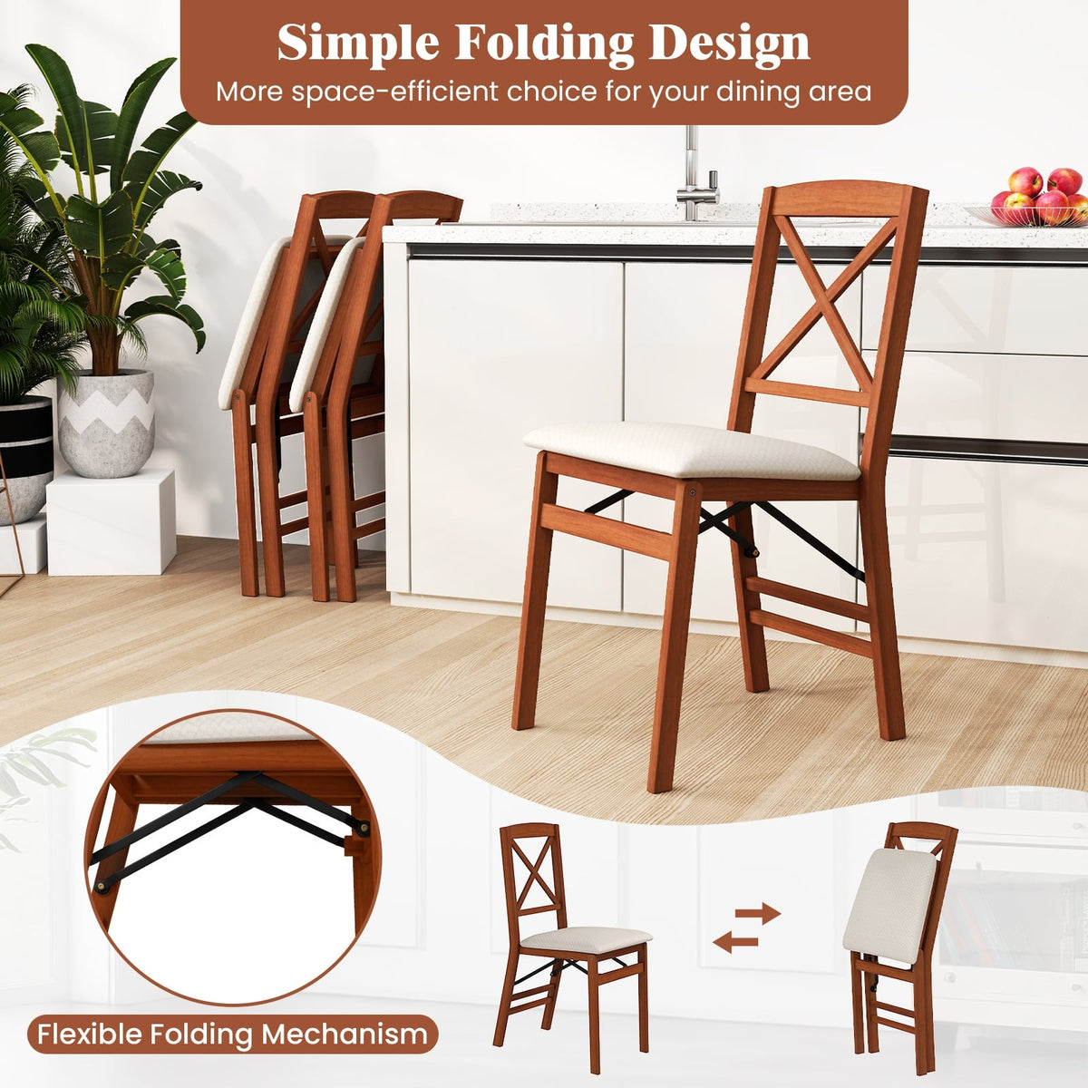 Folding Dining Chairs Set of 2 with Padded Seat and Rubber Wood Frame-A-Dining Chairs-DECOROLALA