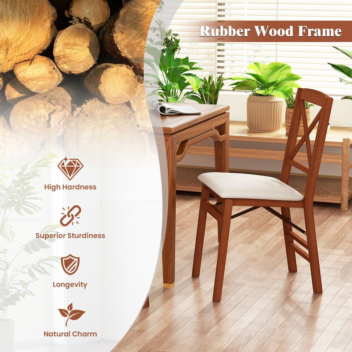 Folding Dining Chairs Set of 2 with Padded Seat and Rubber Wood Frame-A-Dining Chairs-DECOROLALA